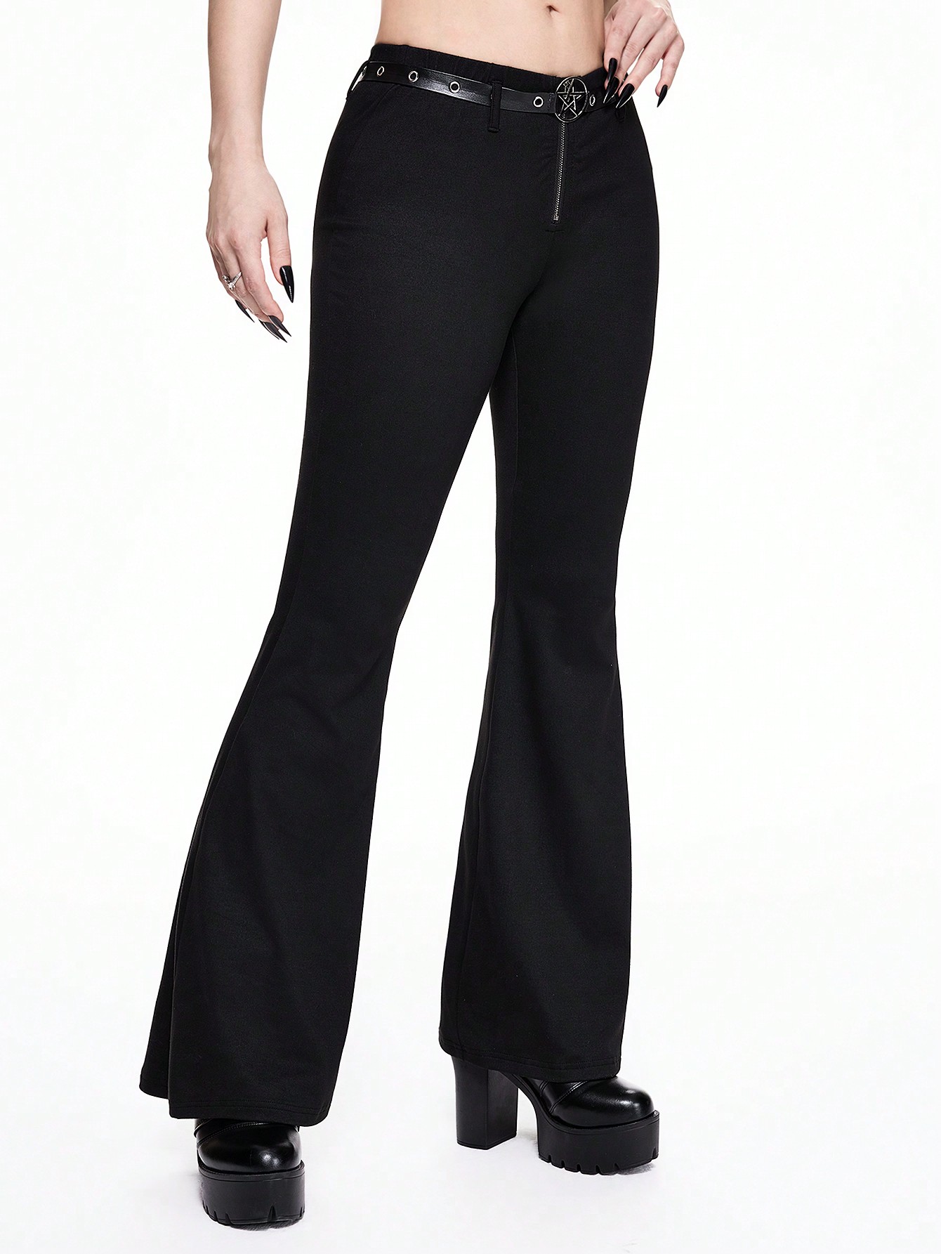 Goth Gothic Style Women Low-Waist Elastic Flare Pants