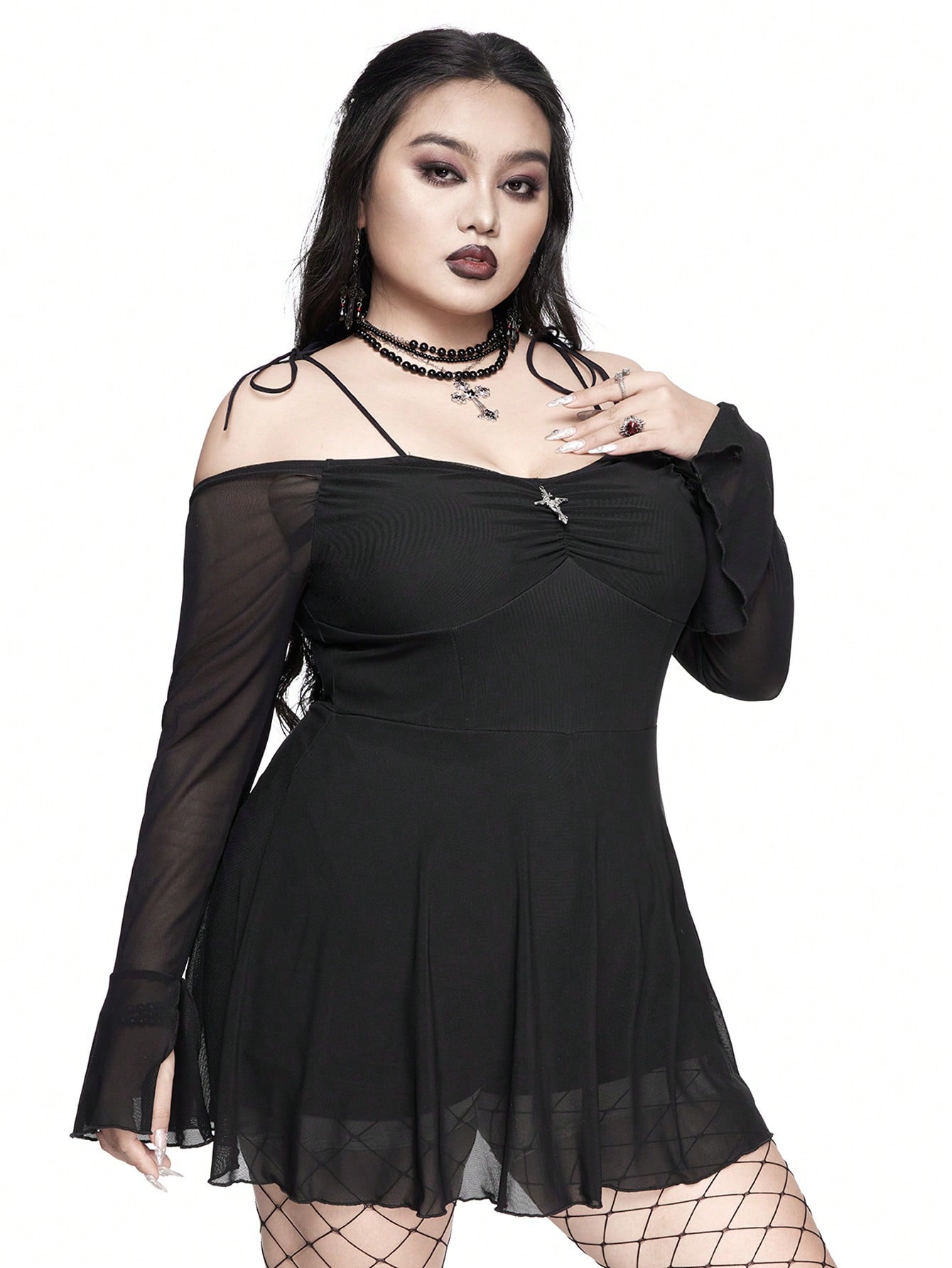 Goth Plus Size Gothic Off Shoulder Cross Metal Trim Dress