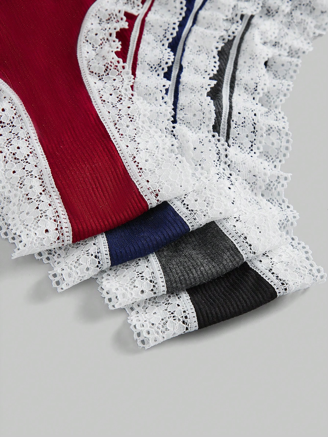 7pcs/Set Women Basic Rib Knitting With Lace Splice Design, Seamless Comfortable Minimalist Style Panty