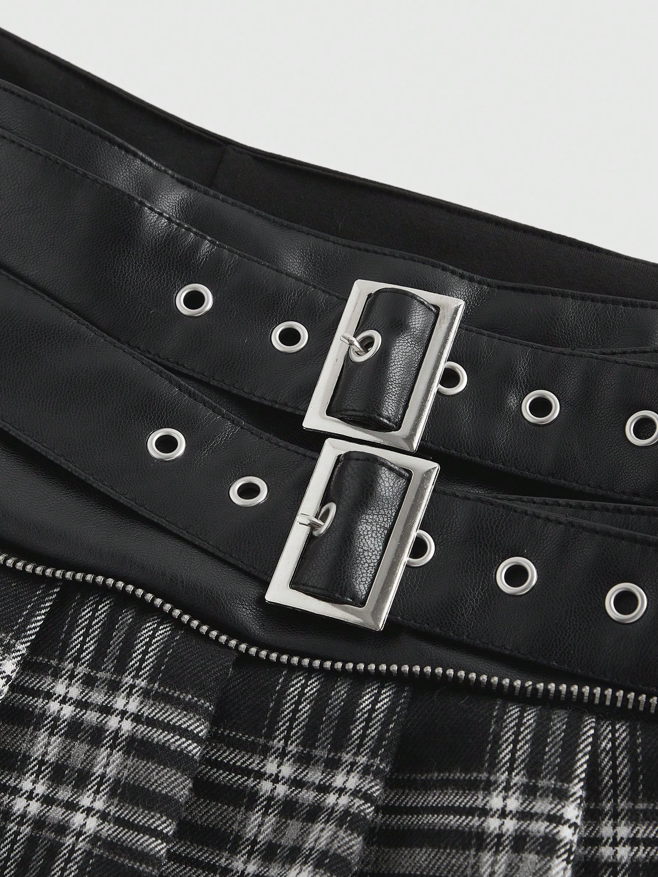 Street Life Women Y2K Baddie PU Leather Patchwork Plaid Super Mini A-Line Pleated Skirt, Low Waist