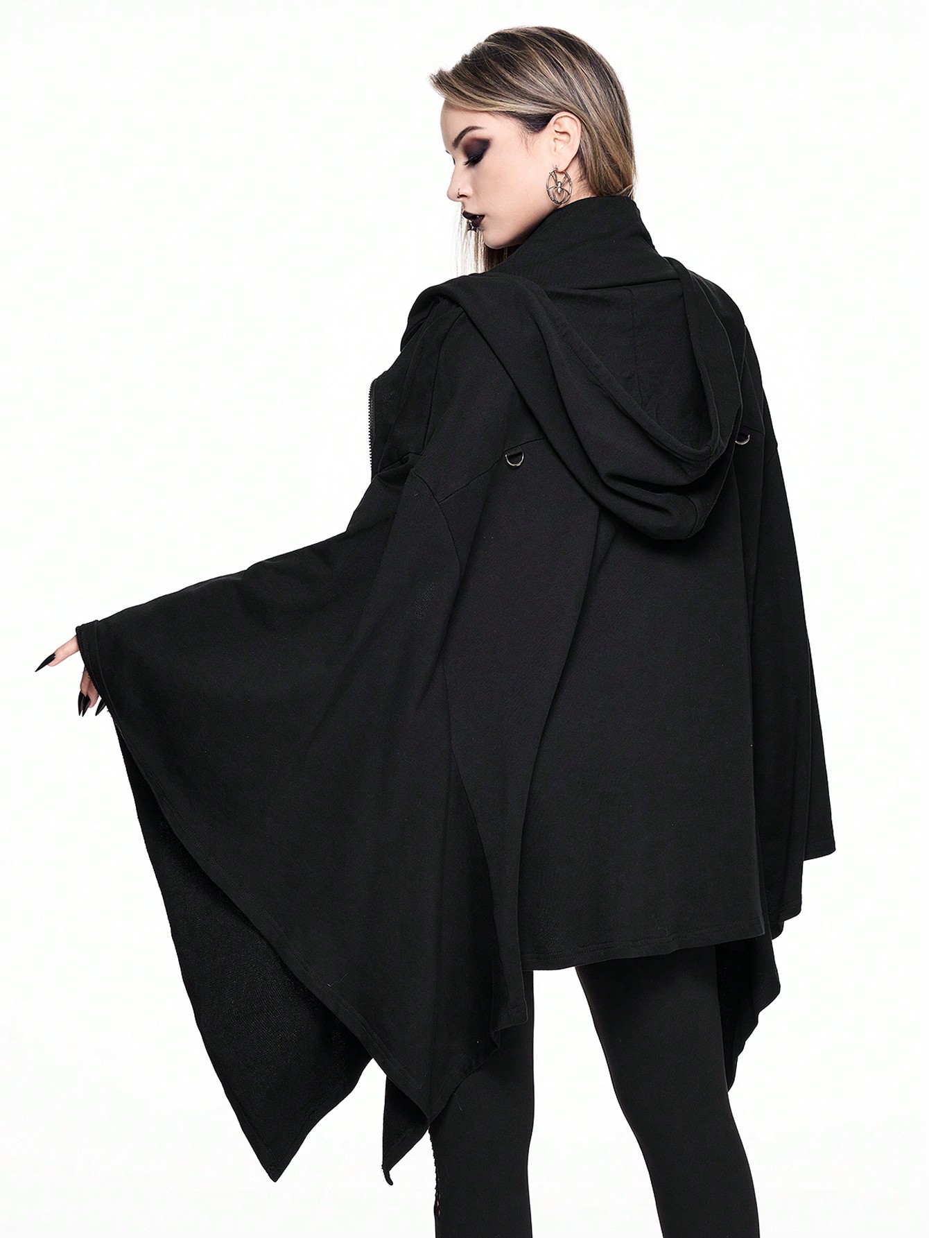Goth Gothic Solid Color Hooded Loose Asymmetric Hem Witch Cloak Sweatshirt For Women