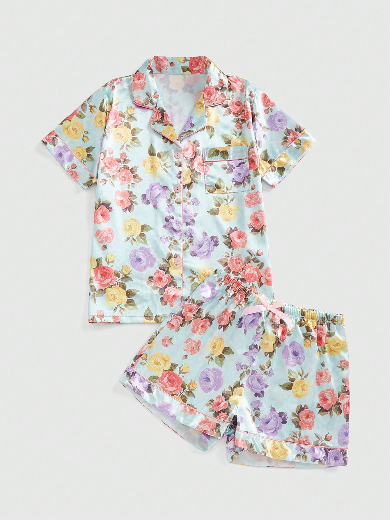Fairycore Lace Rose Print Satin Short Sleeve Shorts Pajama Set