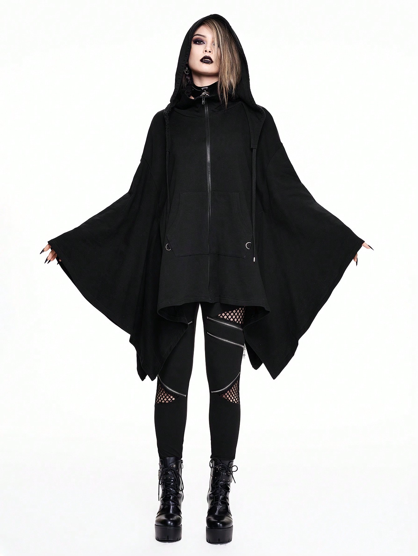 Goth Gothic Solid Color Hooded Loose Asymmetric Hem Witch Cloak Sweatshirt For Women