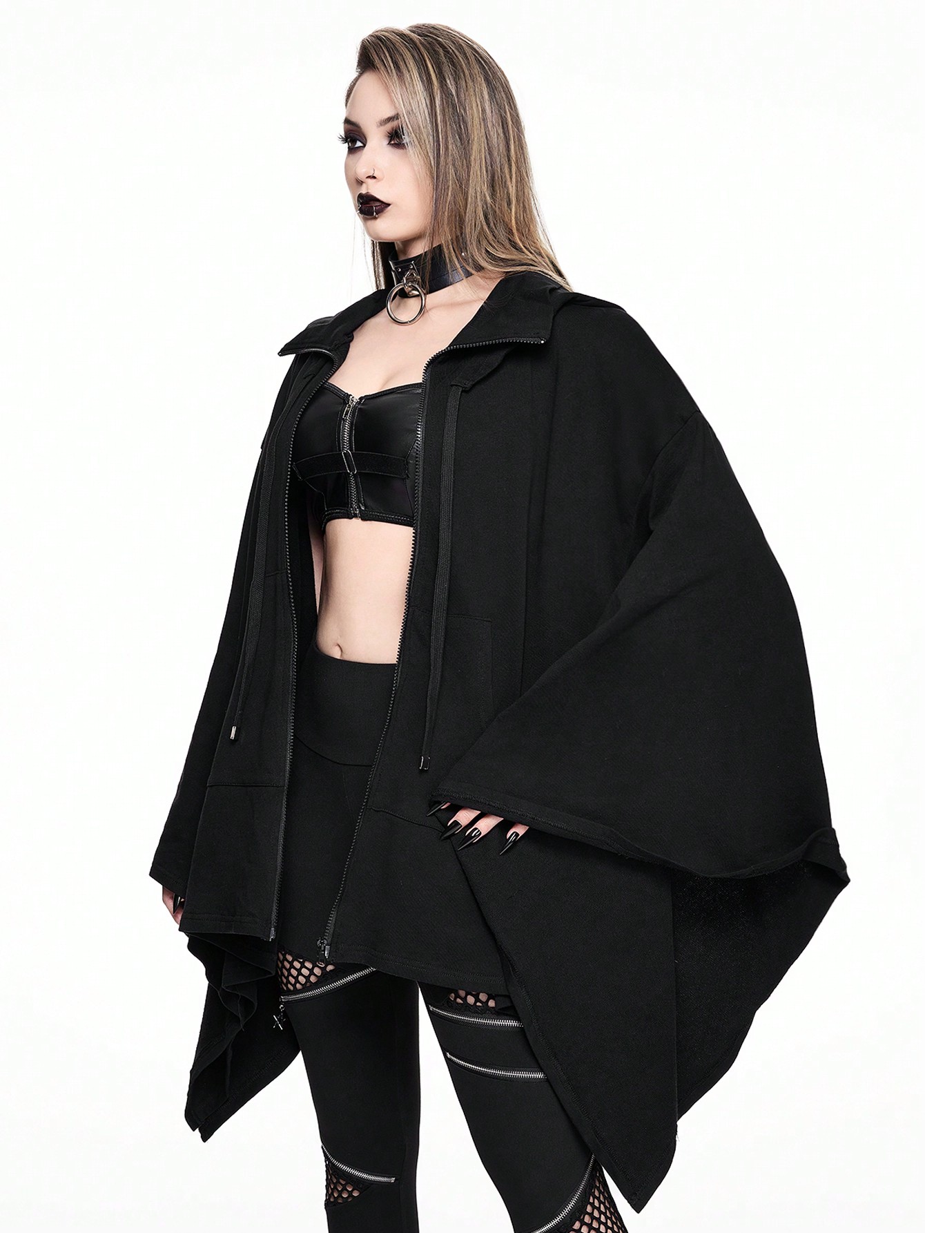 Goth Gothic Solid Color Hooded Loose Asymmetric Hem Witch Cloak Sweatshirt For Women