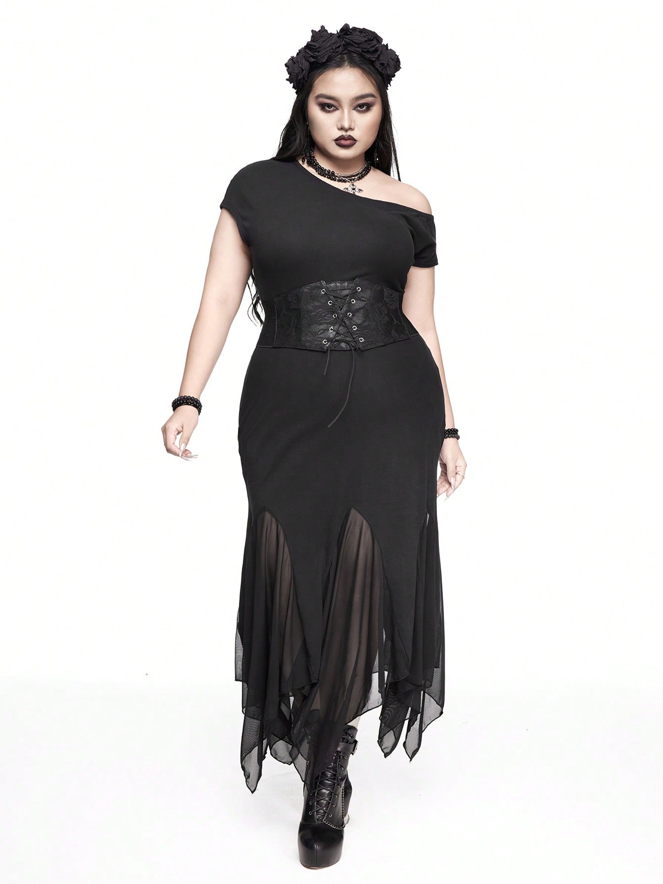 Goth Gothic Style Solid Color Casual Contrast Mesh Asymmetrical Hem Asymmetrical Neck Fitted Midi Dress, Plus Size
