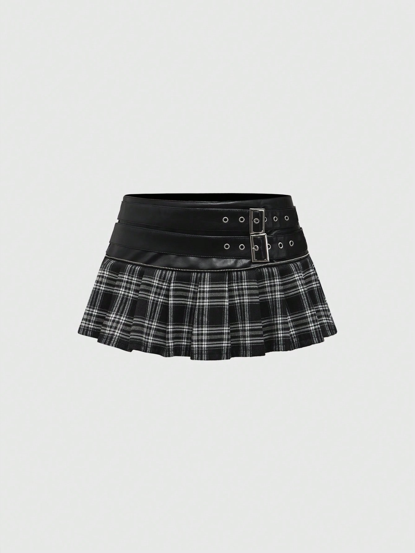 Street Life Women Y2K Baddie PU Leather Patchwork Plaid Super Mini A-Line Pleated Skirt, Low Waist