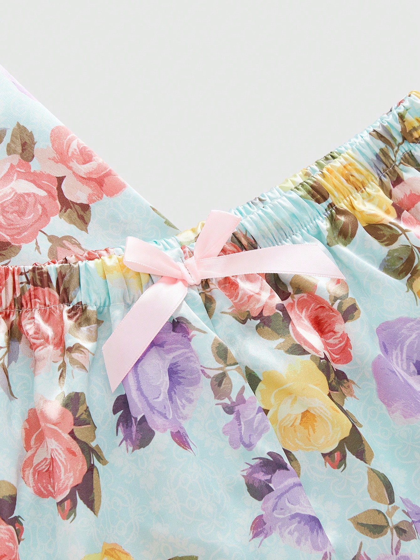 Fairycore Lace Rose Print Satin Short Sleeve Shorts Pajama Set
