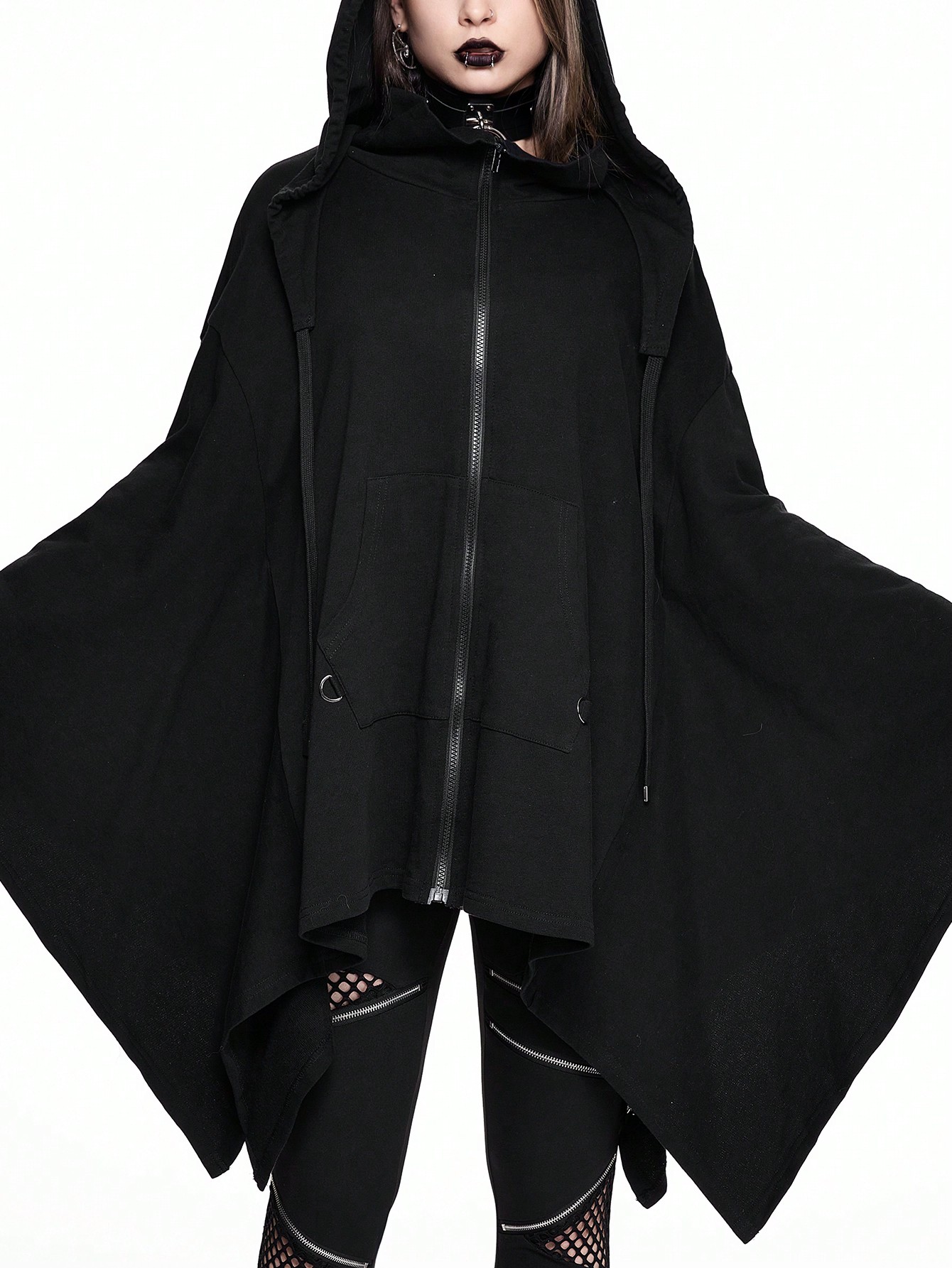 Goth Gothic Solid Color Hooded Loose Asymmetric Hem Witch Cloak Sweatshirt For Women