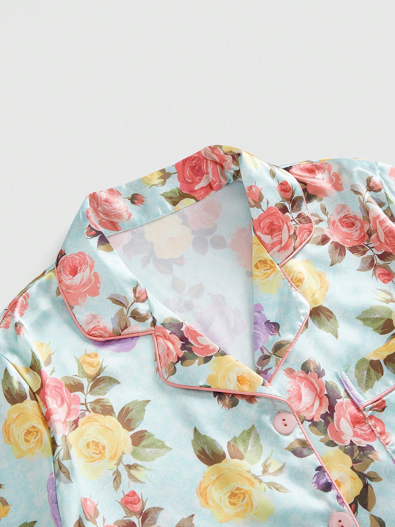 Fairycore Lace Rose Print Satin Short Sleeve Shorts Pajama Set