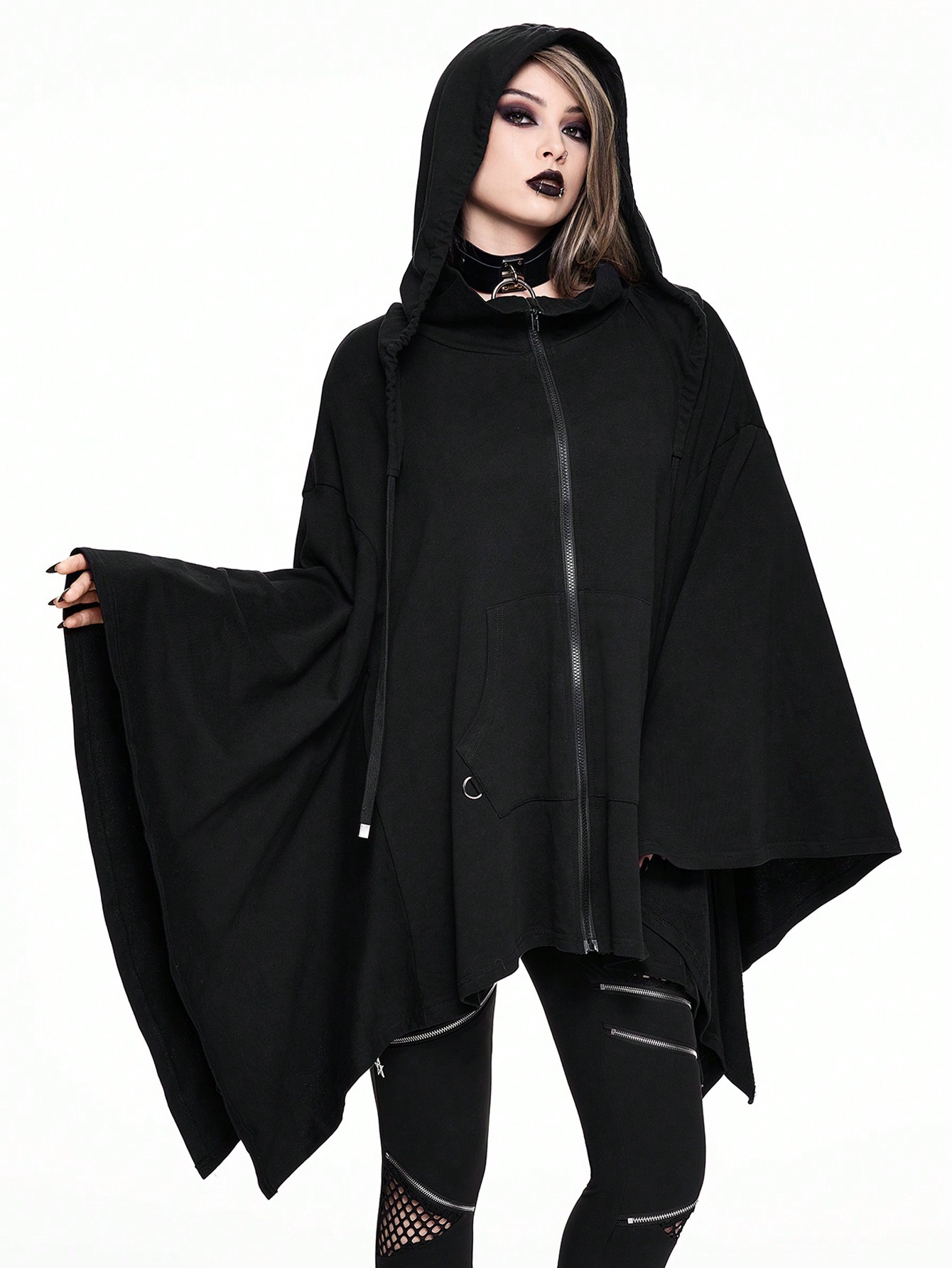 Goth Gothic Solid Color Hooded Loose Asymmetric Hem Witch Cloak Sweatshirt For Women