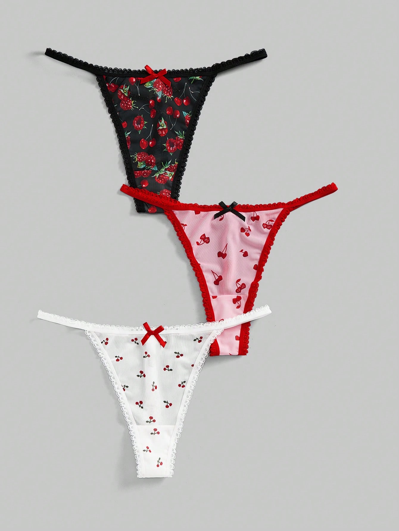 Kawaii 3pcs/Set Heart, Strawberry, Cherry All-Over Print Lace Splice Metal Butterfly Chain Detailed Crotchless Panties Set