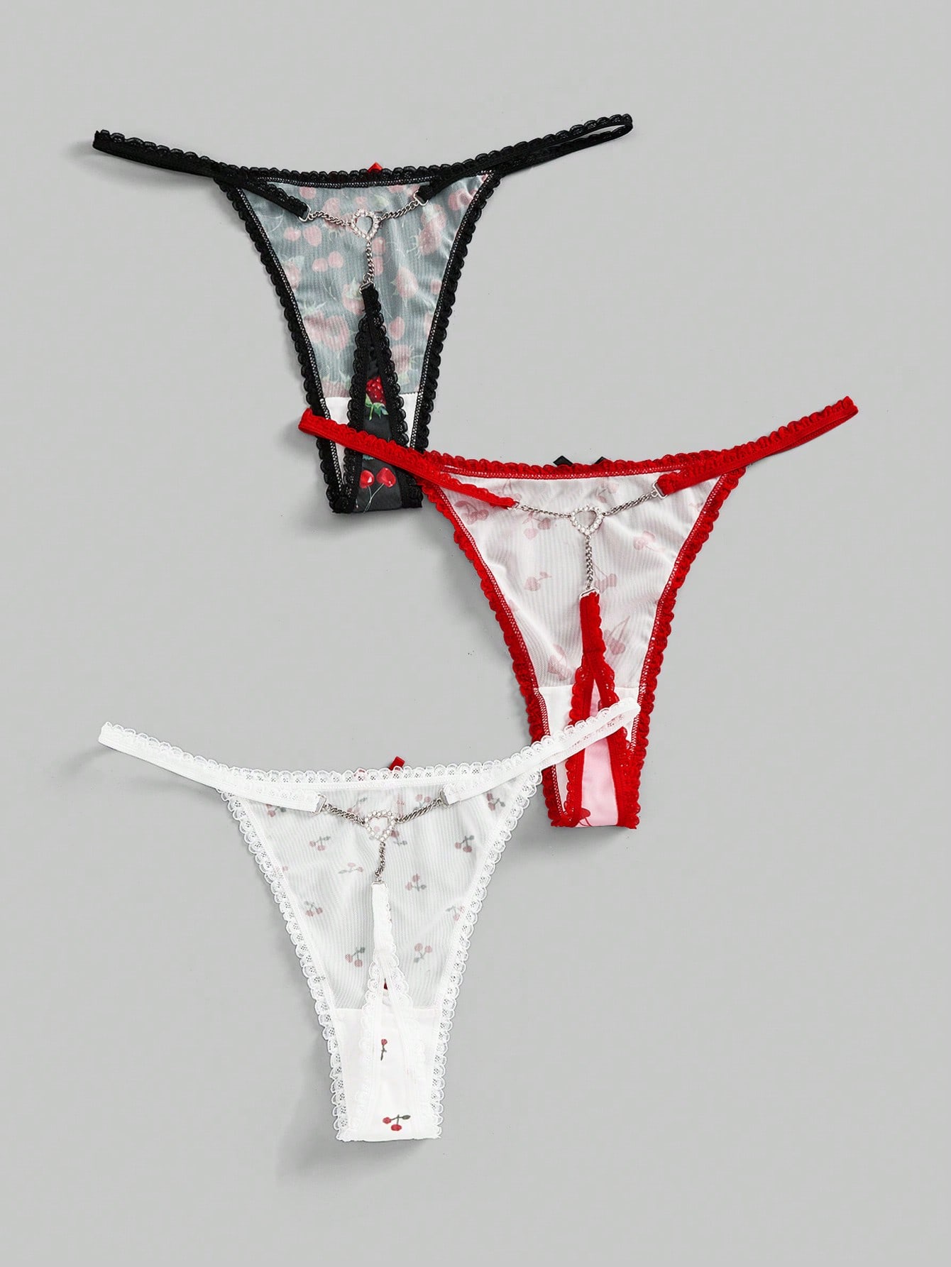 Kawaii 3pcs/Set Heart, Strawberry, Cherry All-Over Print Lace Splice Metal Butterfly Chain Detailed Crotchless Panties Set