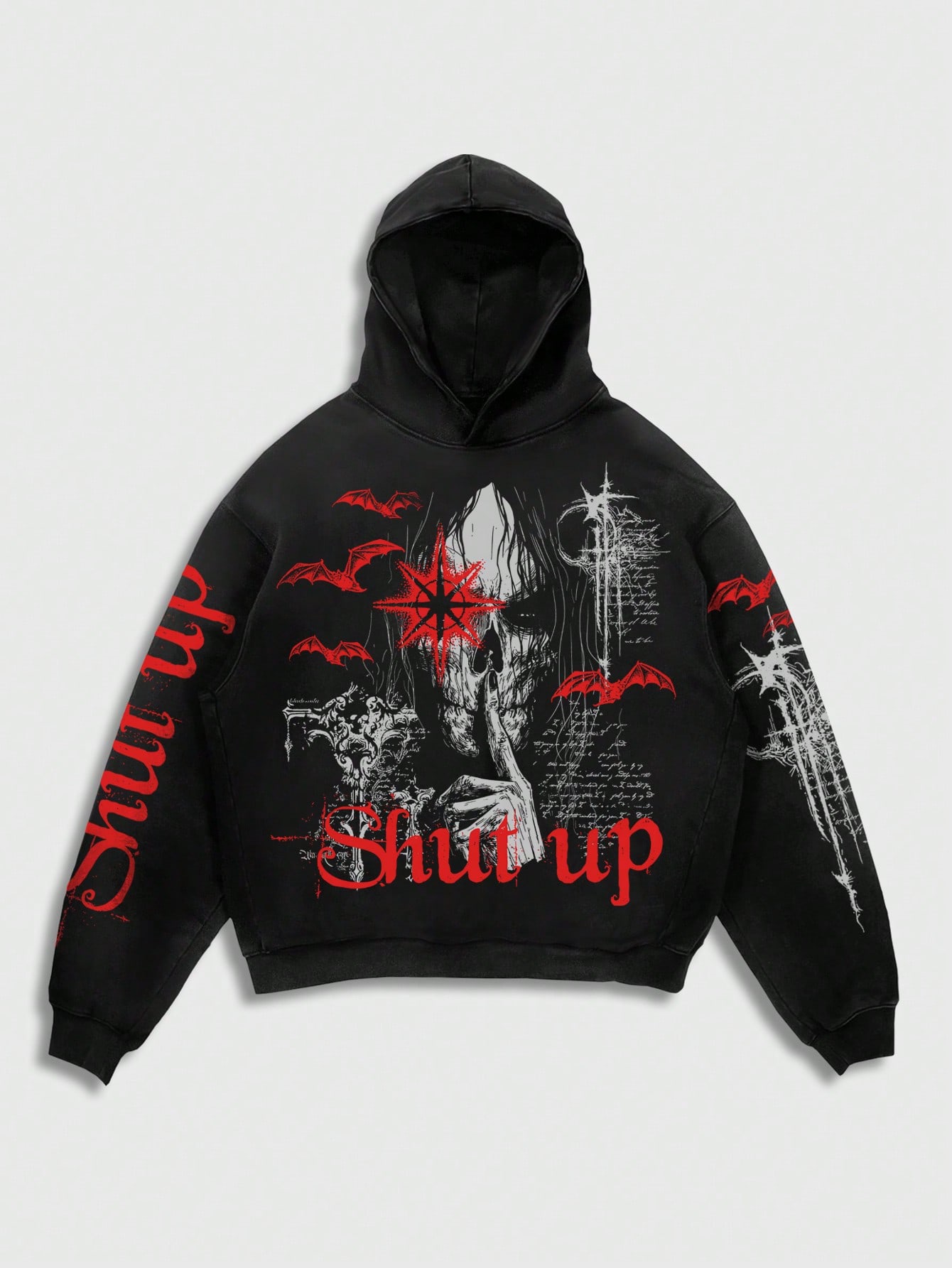 Goth Men Gothic Skull Graphic Drawstring Hooded Fleece Sweatshirt, Suitable For Autumn And Winter