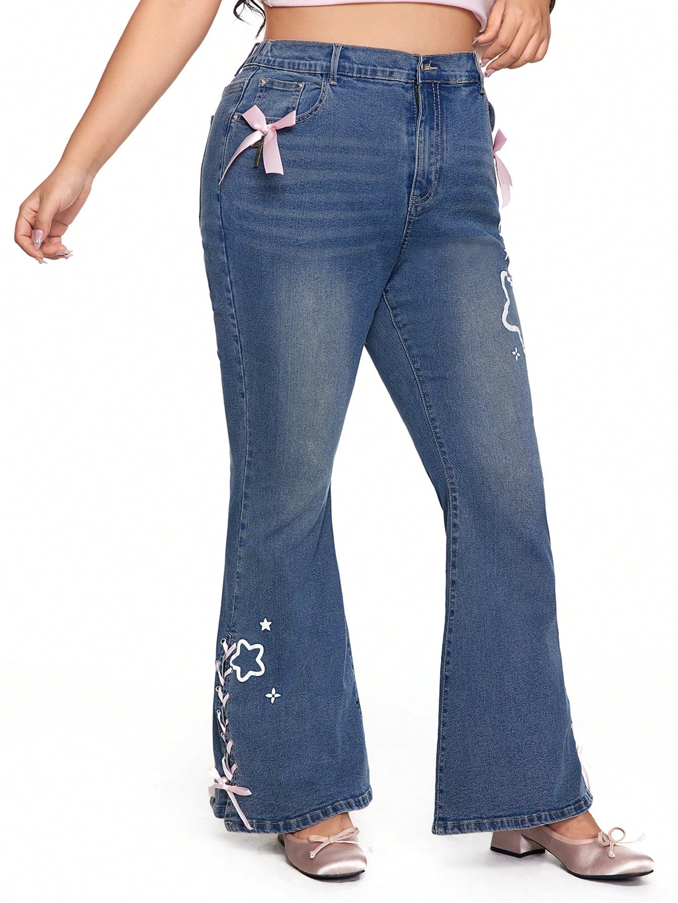 Kawaii Cute Bow Tie Decor Cross Pendant Stars Print Ankles Strappy Wide Leg Jeans Pants For Plus Size, Japanese Style