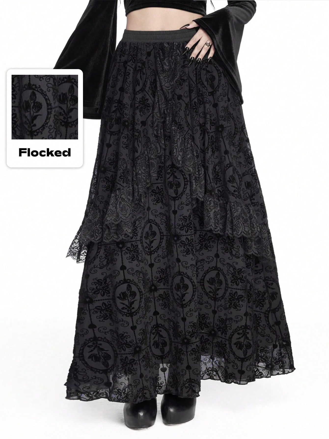 Goth Gothic Retro Flocked Embossed Cross Lace Trim Asymmetrical Hem Patchwork Long Women Mini Skirt