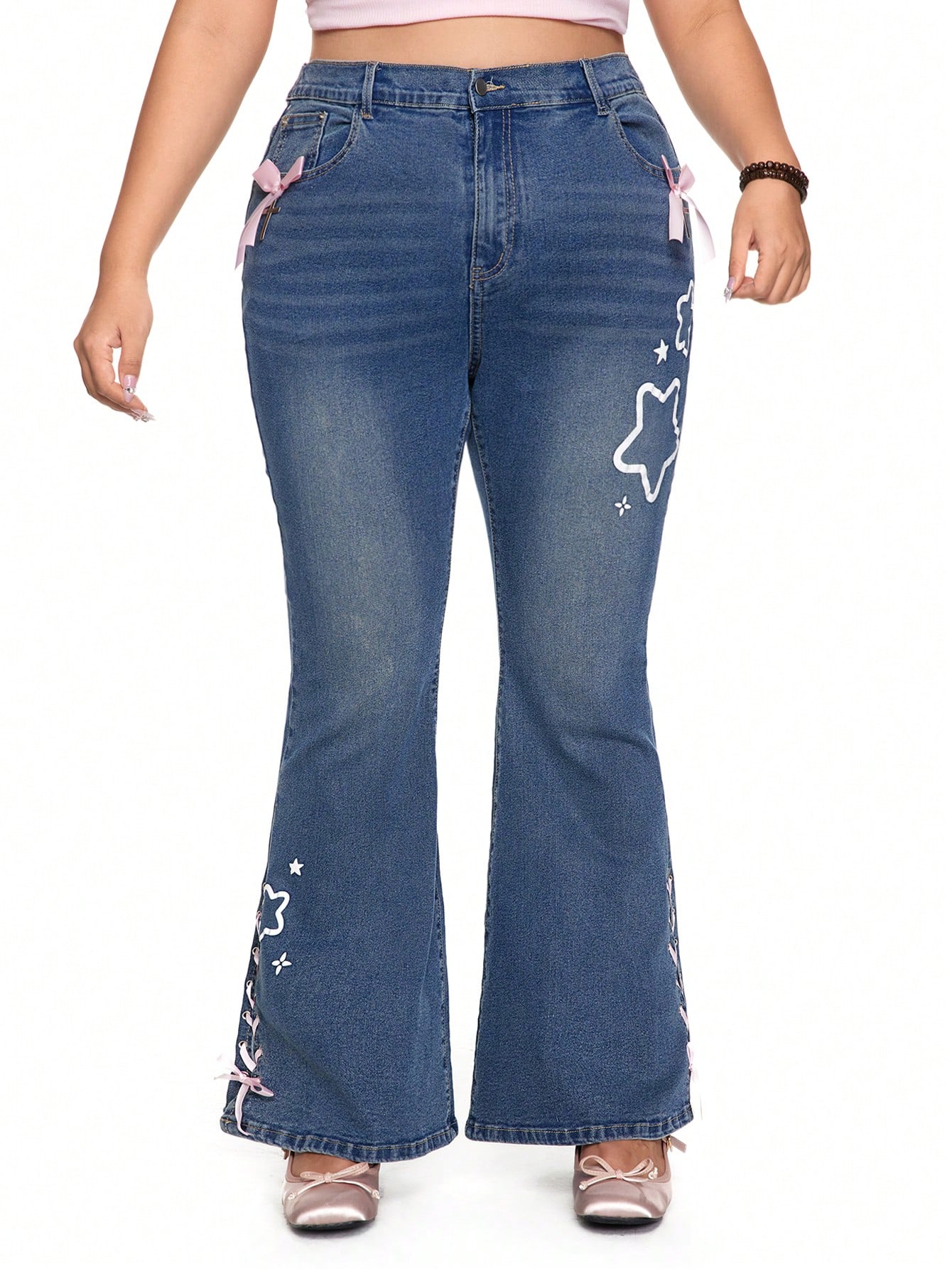 Kawaii Cute Bow Tie Decor Cross Pendant Stars Print Ankles Strappy Wide Leg Jeans Pants For Plus Size, Japanese Style