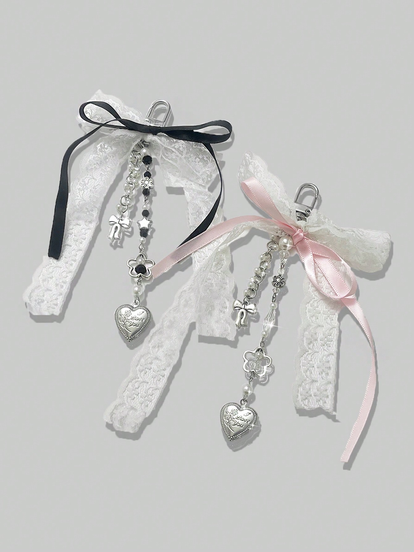 Kawaii 2pcs Y2K Style Cute Heart Tassel Lace Bow Keychain/Bag Charm, Friend's Gift, Valentine's Day Present Valentines