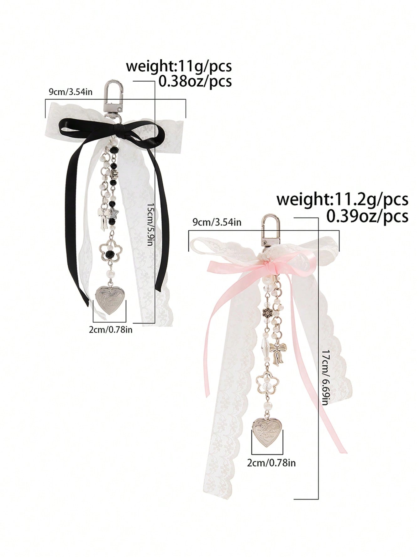 Kawaii 2pcs Y2K Style Cute Heart Tassel Lace Bow Keychain/Bag Charm, Friend's Gift, Valentine's Day Present Valentines