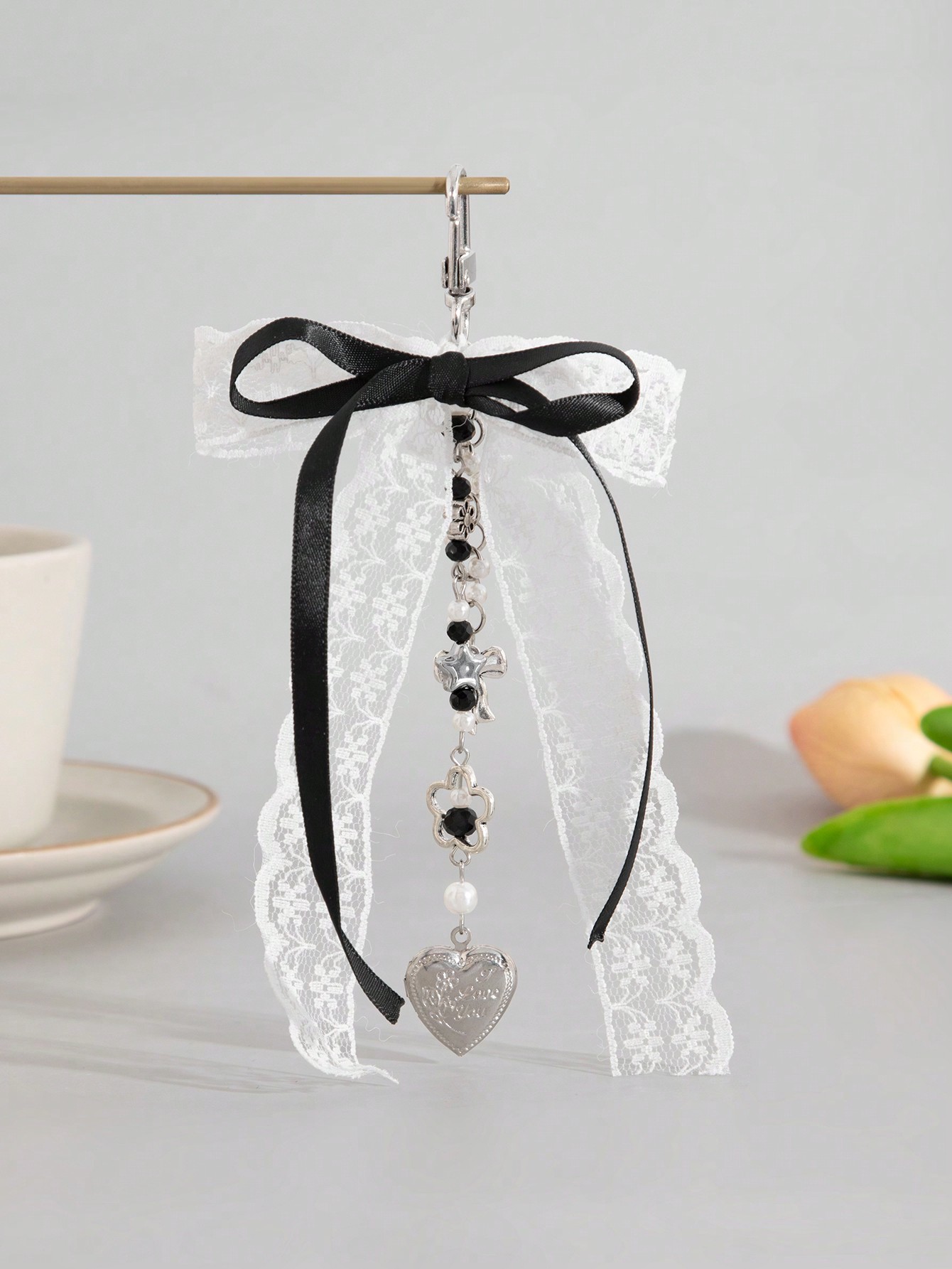 Kawaii 2pcs Y2K Style Cute Heart Tassel Lace Bow Keychain/Bag Charm, Friend's Gift, Valentine's Day Present Valentines