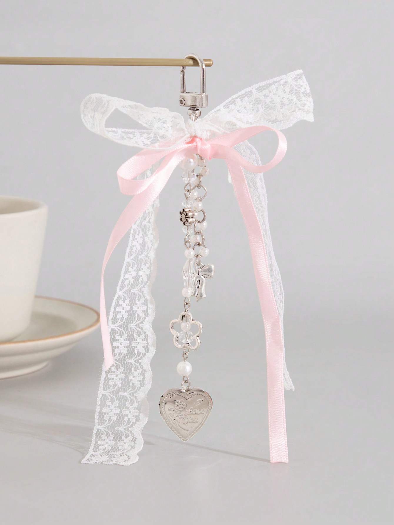 Kawaii 2pcs Y2K Style Cute Heart Tassel Lace Bow Keychain/Bag Charm, Friend's Gift, Valentine's Day Present Valentines