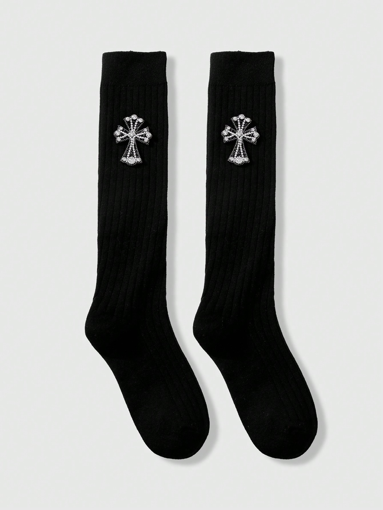 Goth 1 Pair Y2K Stylish Retro Goth Fashion Soft Warm Black Striped Rhinestone Cross Decor Over-The-Knee Socks, Suitable For Girls/Women Daily Outfit, Comes With Gift Box