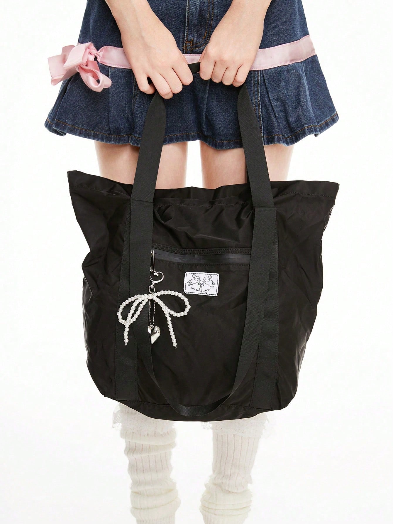 Kawaii 336027 Pattern Rabbit Bow Oxford Cloth Large Capacity Short Trip Waterproof Lightweight Handbag, Unisex, Can Be Folded And Used As Suitcase Luggage Bag