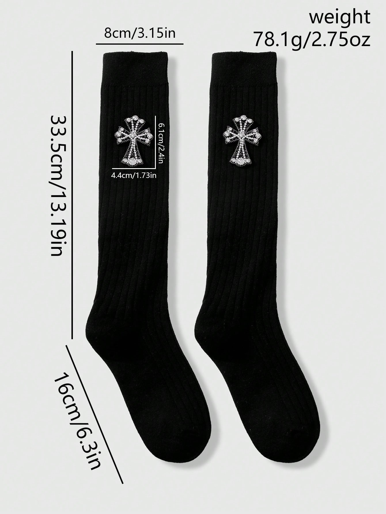 Goth 1 Pair Y2K Stylish Retro Goth Fashion Soft Warm Black Striped Rhinestone Cross Decor Over-The-Knee Socks, Suitable For Girls/Women Daily Outfit, Comes With Gift Box