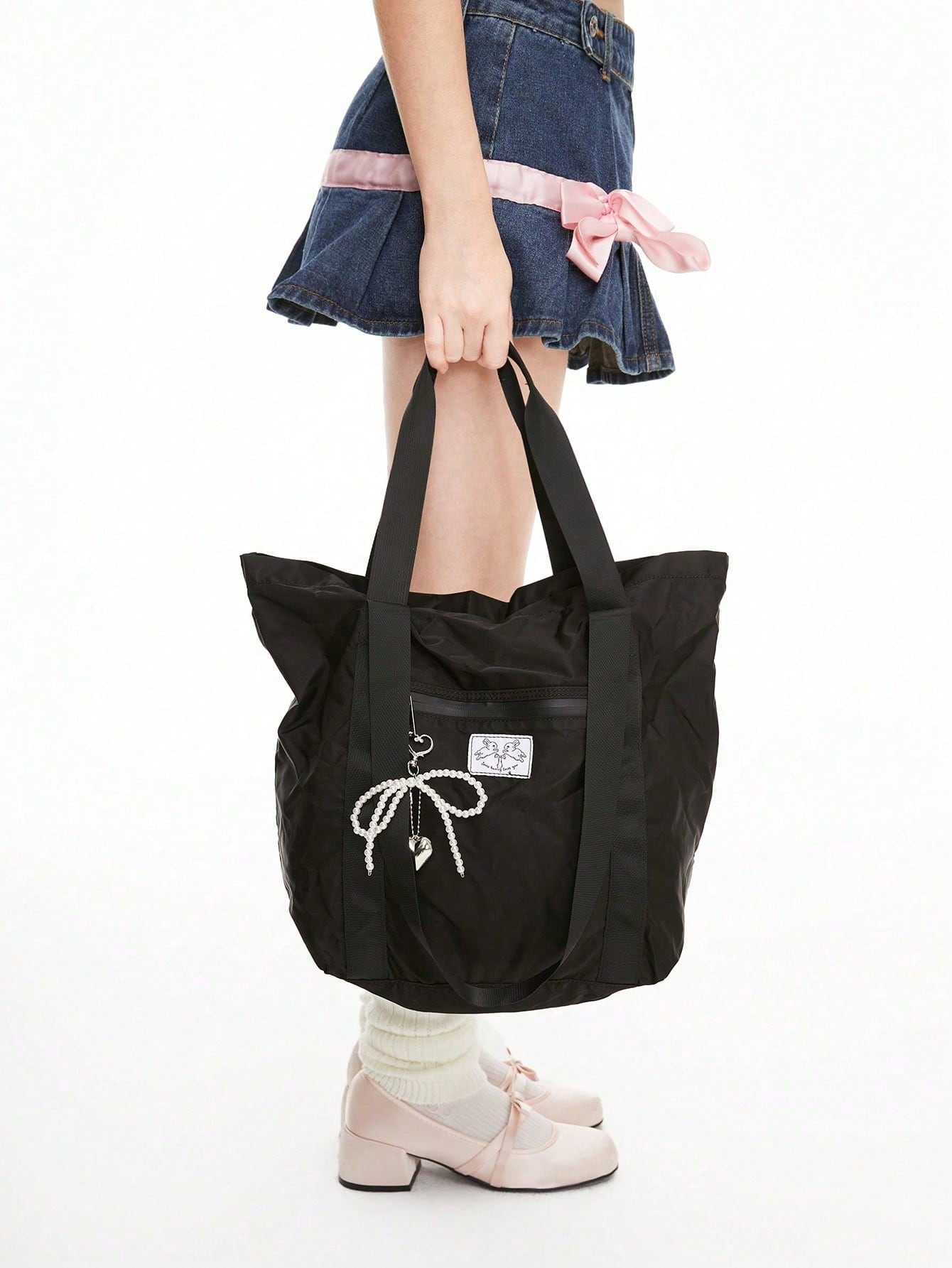 Kawaii 336027 Pattern Rabbit Bow Oxford Cloth Large Capacity Short Trip Waterproof Lightweight Handbag, Unisex, Can Be Folded And Used As Suitcase Luggage Bag