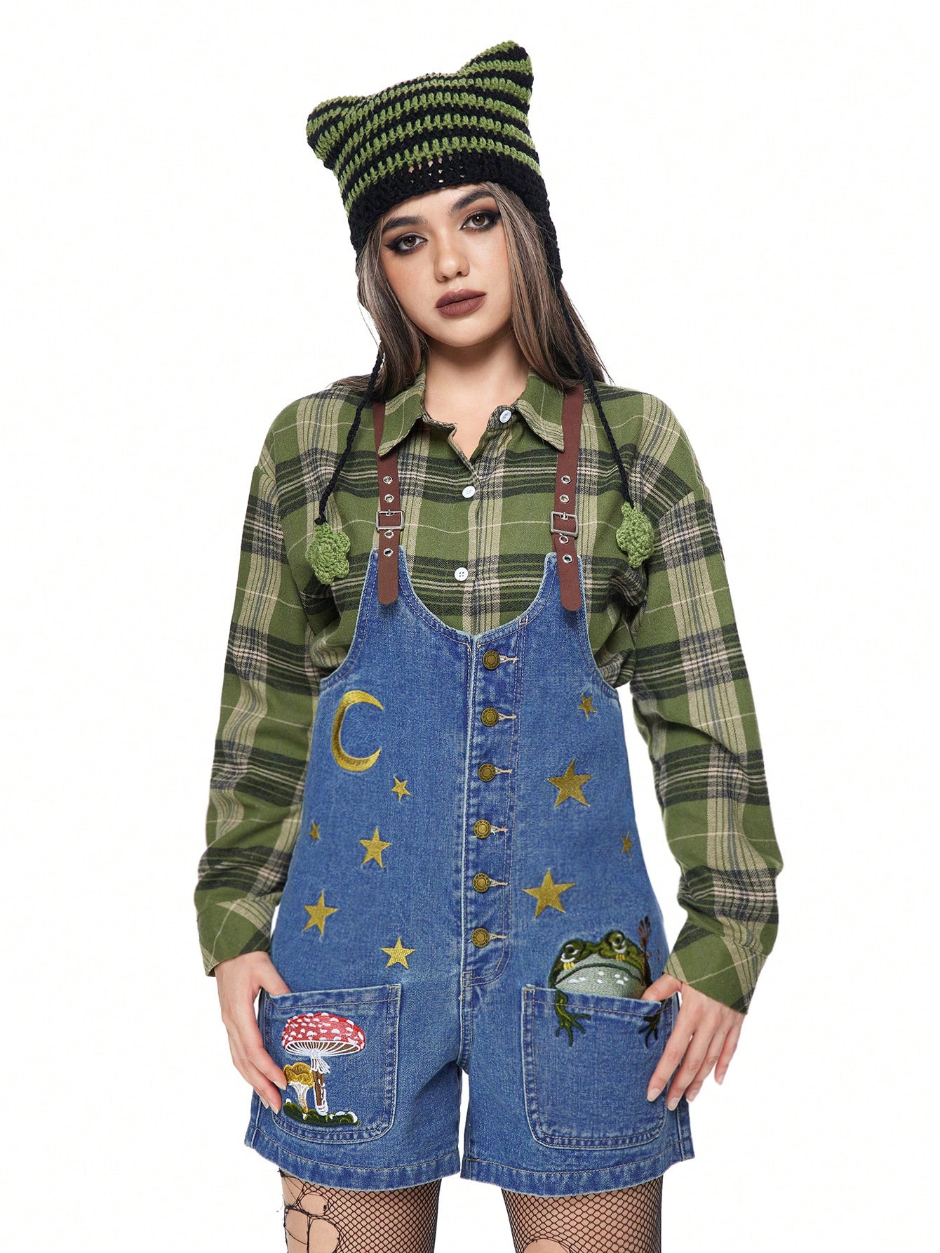 Fairycore Women's Cottagecore Mushroom, Frog, Star, Moon Embroidered Denim Overalls And Jumpsuit