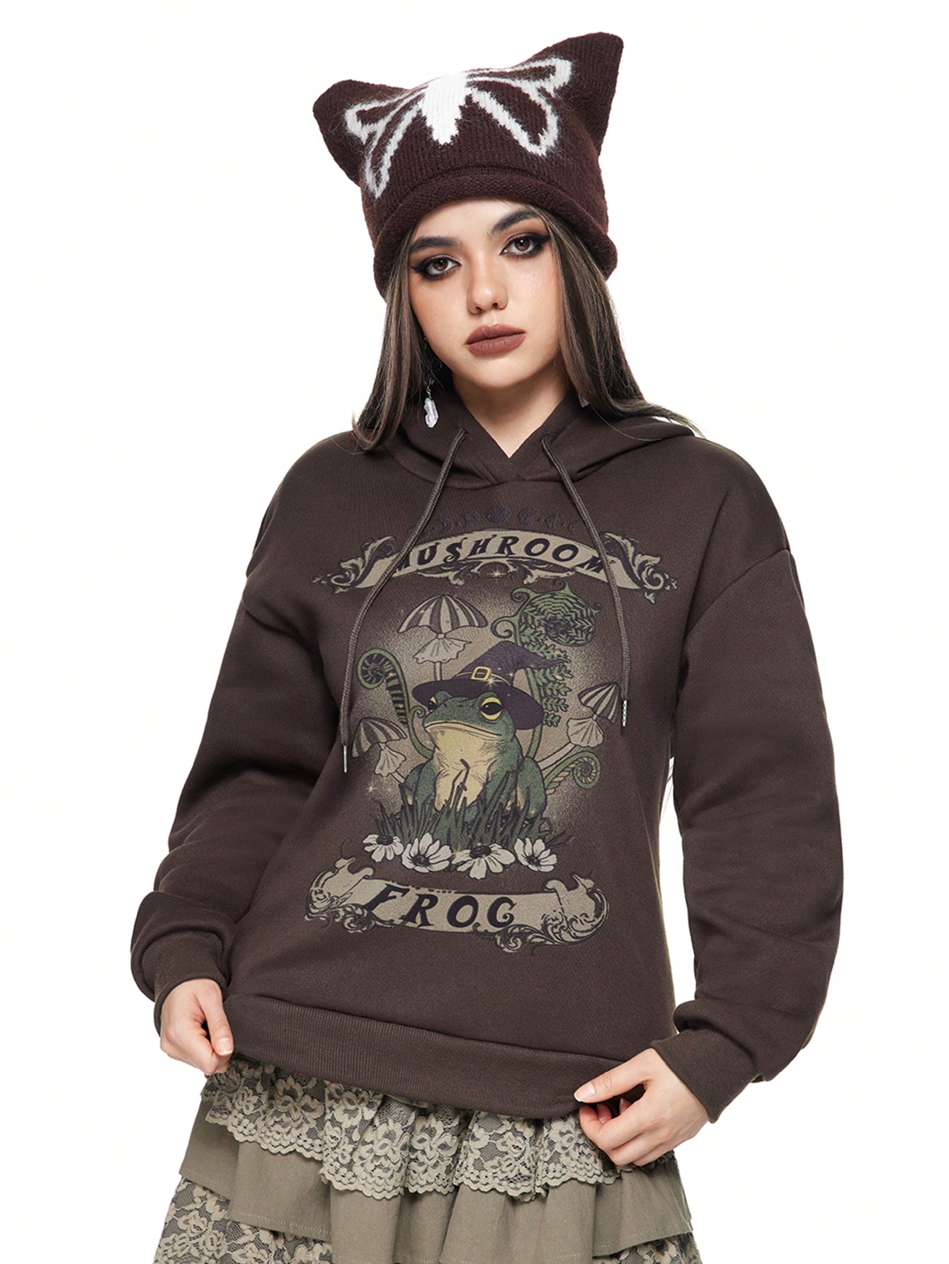 Fairycore Women Fairycore Frog Graphic Hooded Sweatshirt
