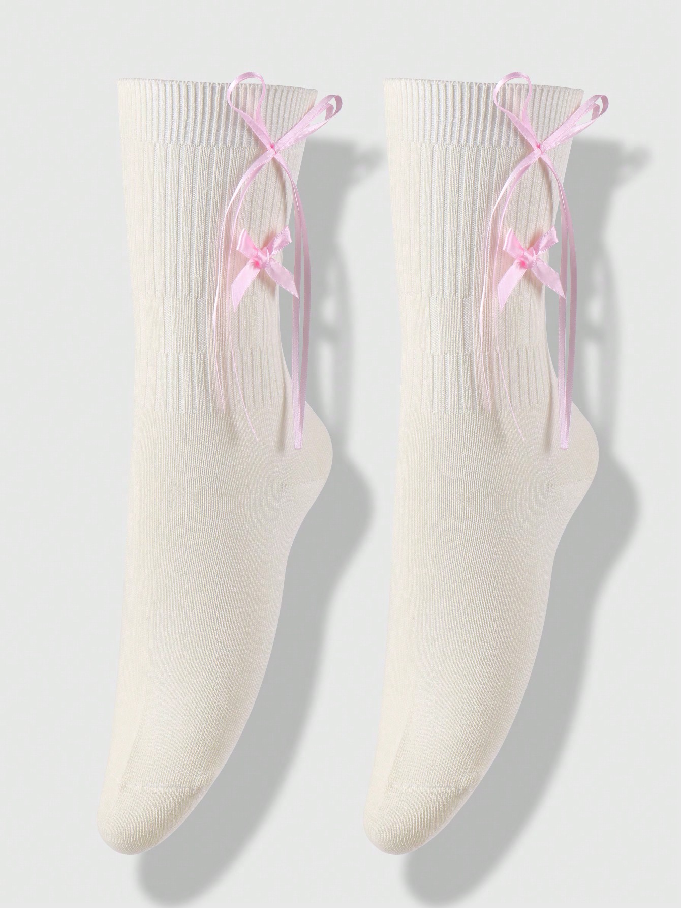 Kawaii 1 Pair Korean Style Cute Sophisticated High-Quality Soft & Warm Beige Vertical Stripe Pink Ribbon Bow Decor JK Socks, Thigh High Socks, Suitable For Women And Girls Daily Outfit. Comes In A Gift Box Packaging.