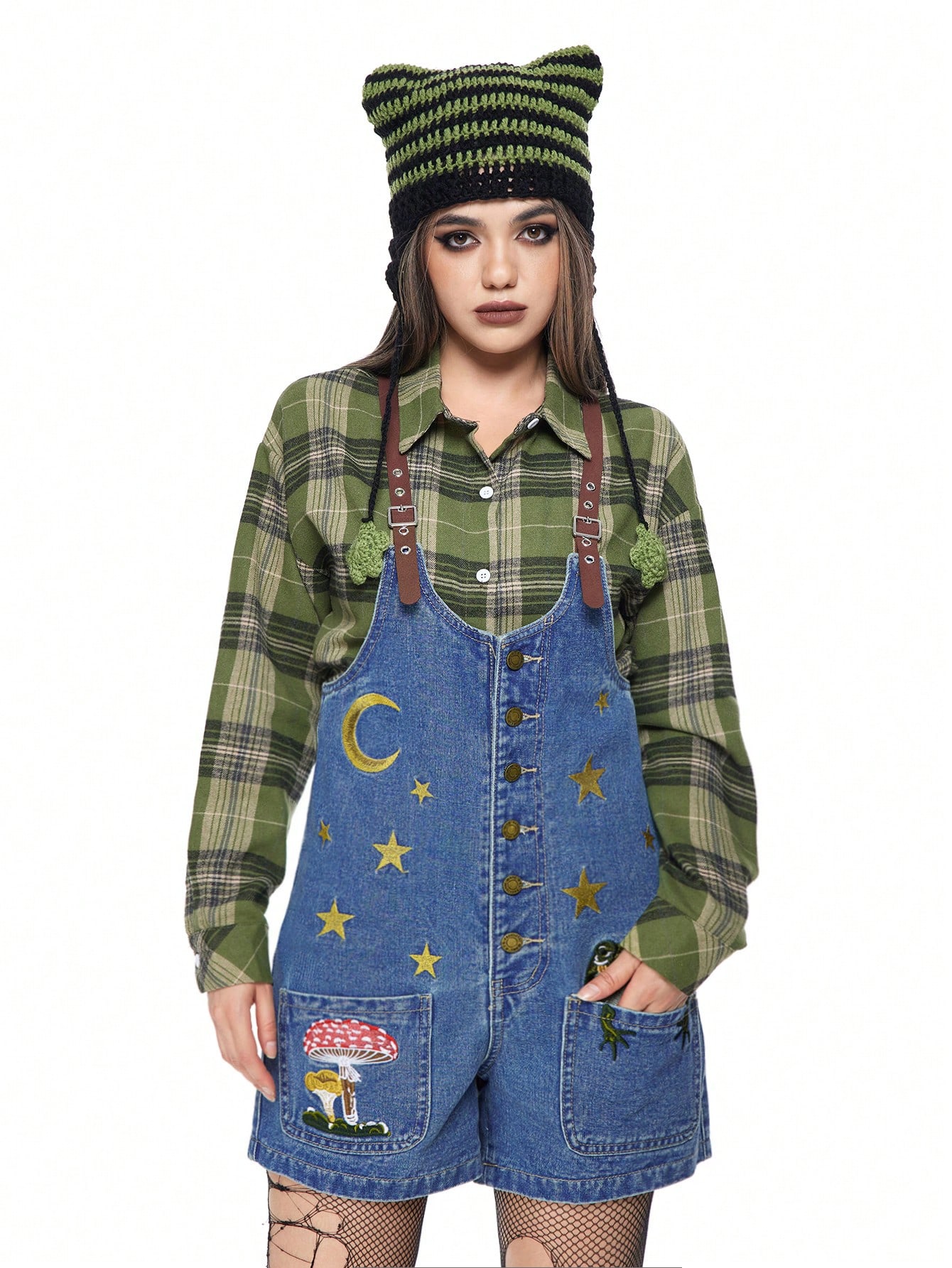 Fairycore Women's Cottagecore Mushroom, Frog, Star, Moon Embroidered Denim Overalls And Jumpsuit