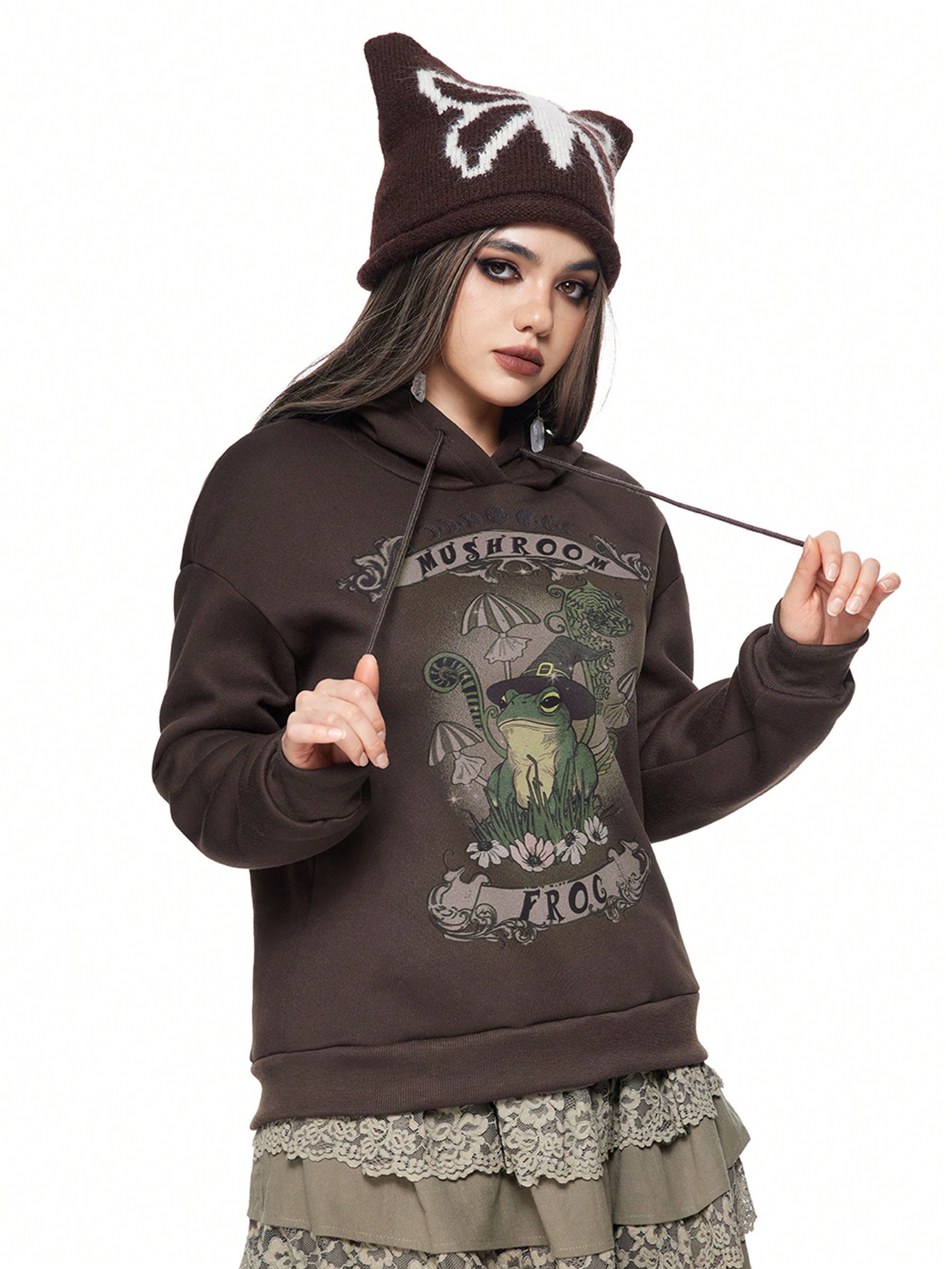 Fairycore Women Fairycore Frog Graphic Hooded Sweatshirt
