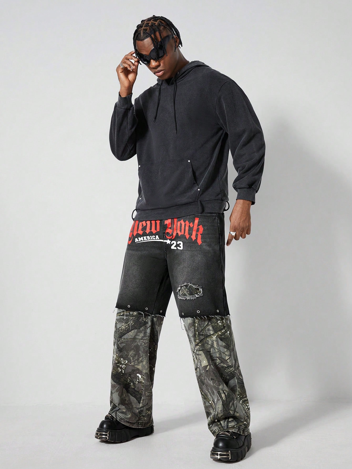 Street Life Men's Casual Streetwear Letter & Tree Print Raw Edge Loose Straight 2 In 1 Jeans