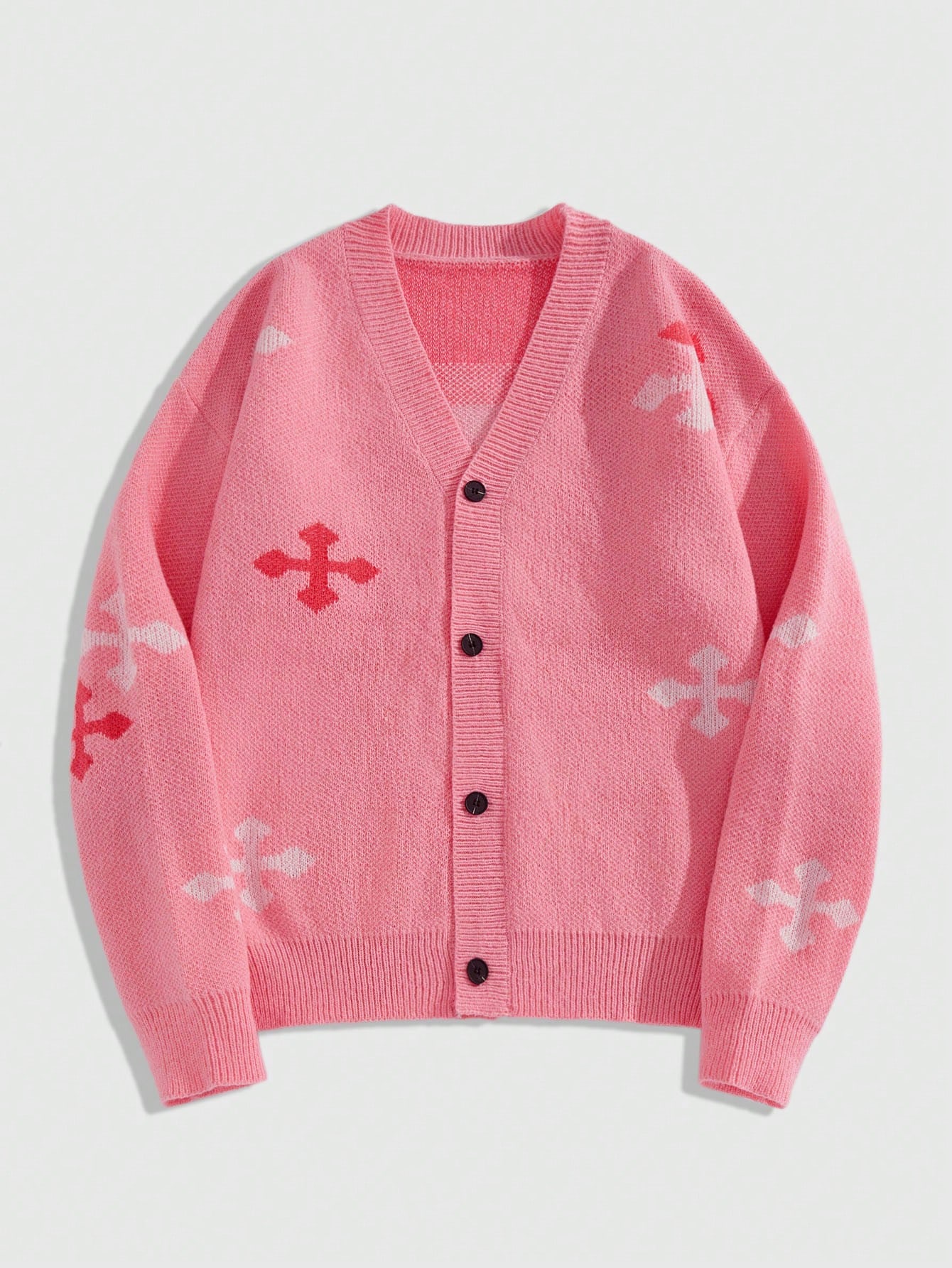 Street Life V-Neck Cross Print Front Button Casual Long Sleeve Cardigan Sweater