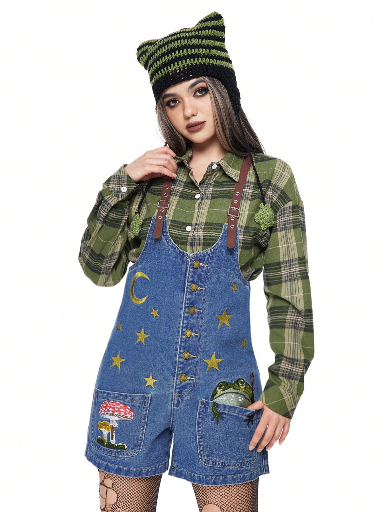 Fairycore Women's Cottagecore Mushroom, Frog, Star, Moon Embroidered Denim Overalls And Jumpsuit