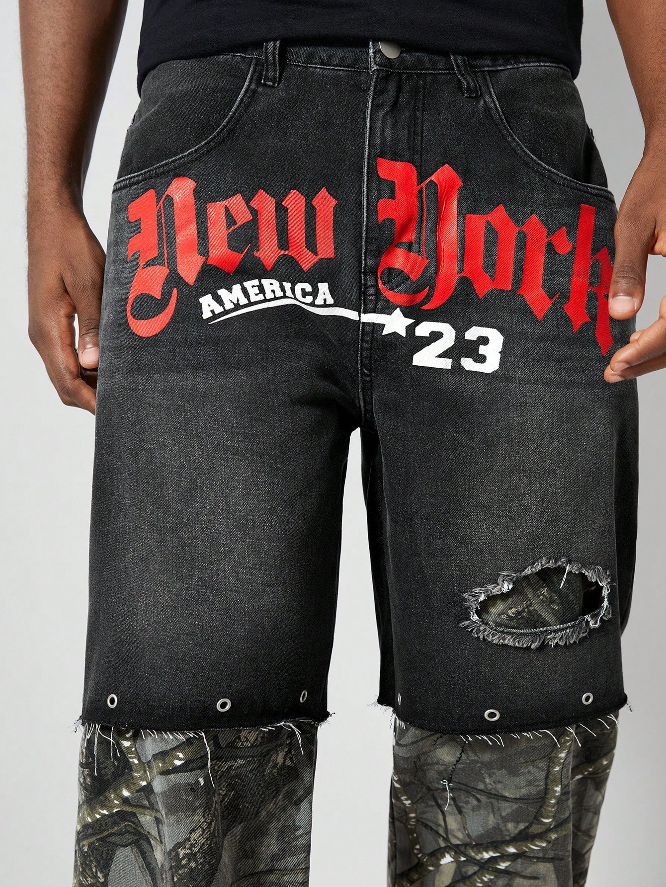 Street Life Men's Casual Streetwear Letter & Tree Print Raw Edge Loose Straight 2 In 1 Jeans