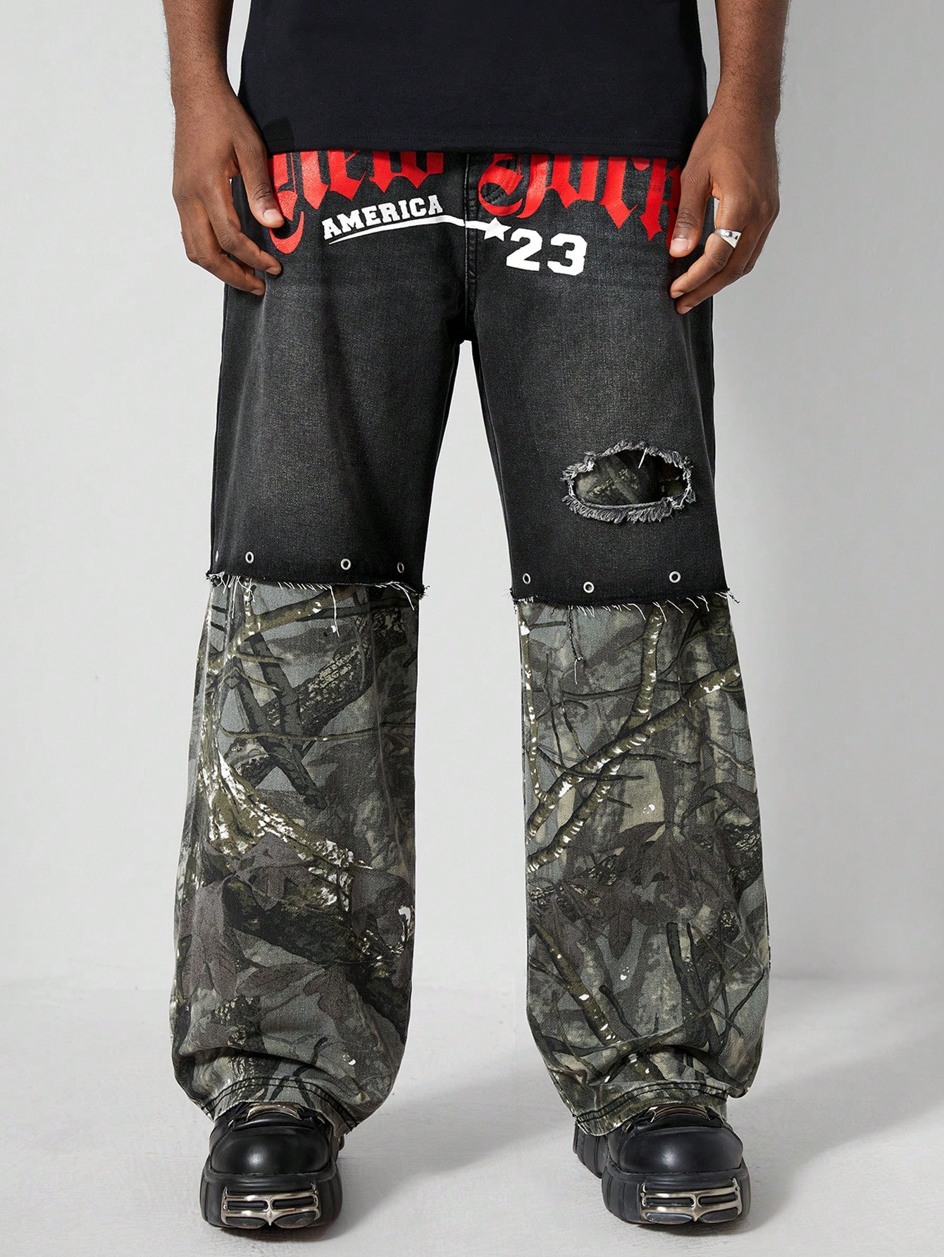 Street Life Men's Casual Streetwear Letter & Tree Print Raw Edge Loose Straight 2 In 1 Jeans
