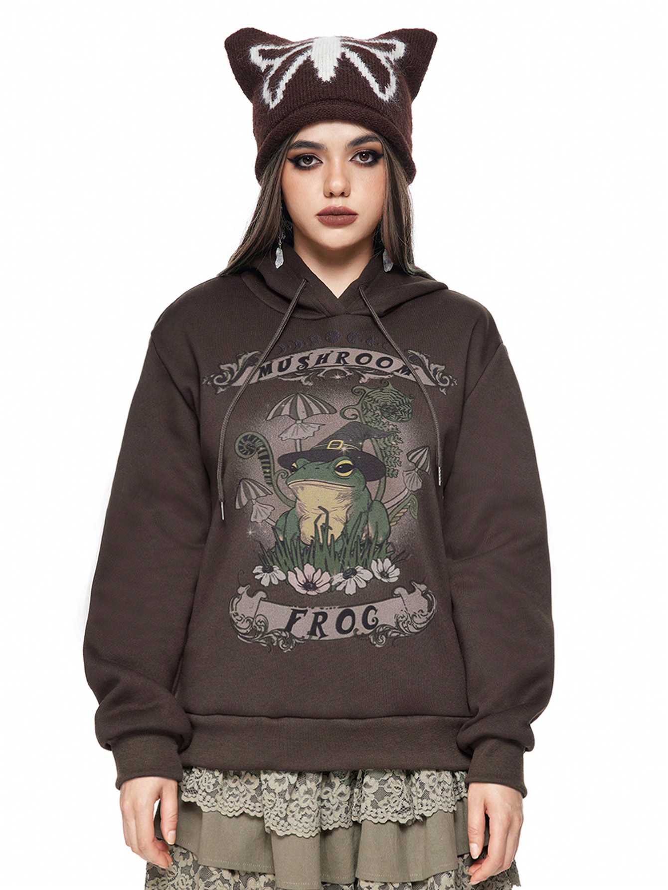 Fairycore Women Fairycore Frog Graphic Hooded Sweatshirt