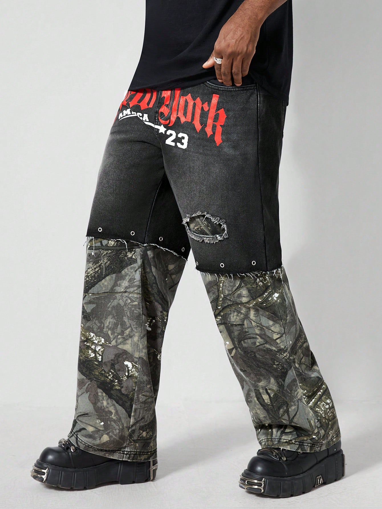 Street Life Men's Casual Streetwear Letter & Tree Print Raw Edge Loose Straight 2 In 1 Jeans