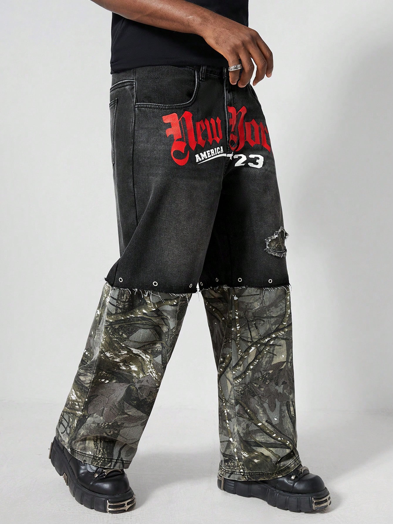Street Life Men's Casual Streetwear Letter & Tree Print Raw Edge Loose Straight 2 In 1 Jeans