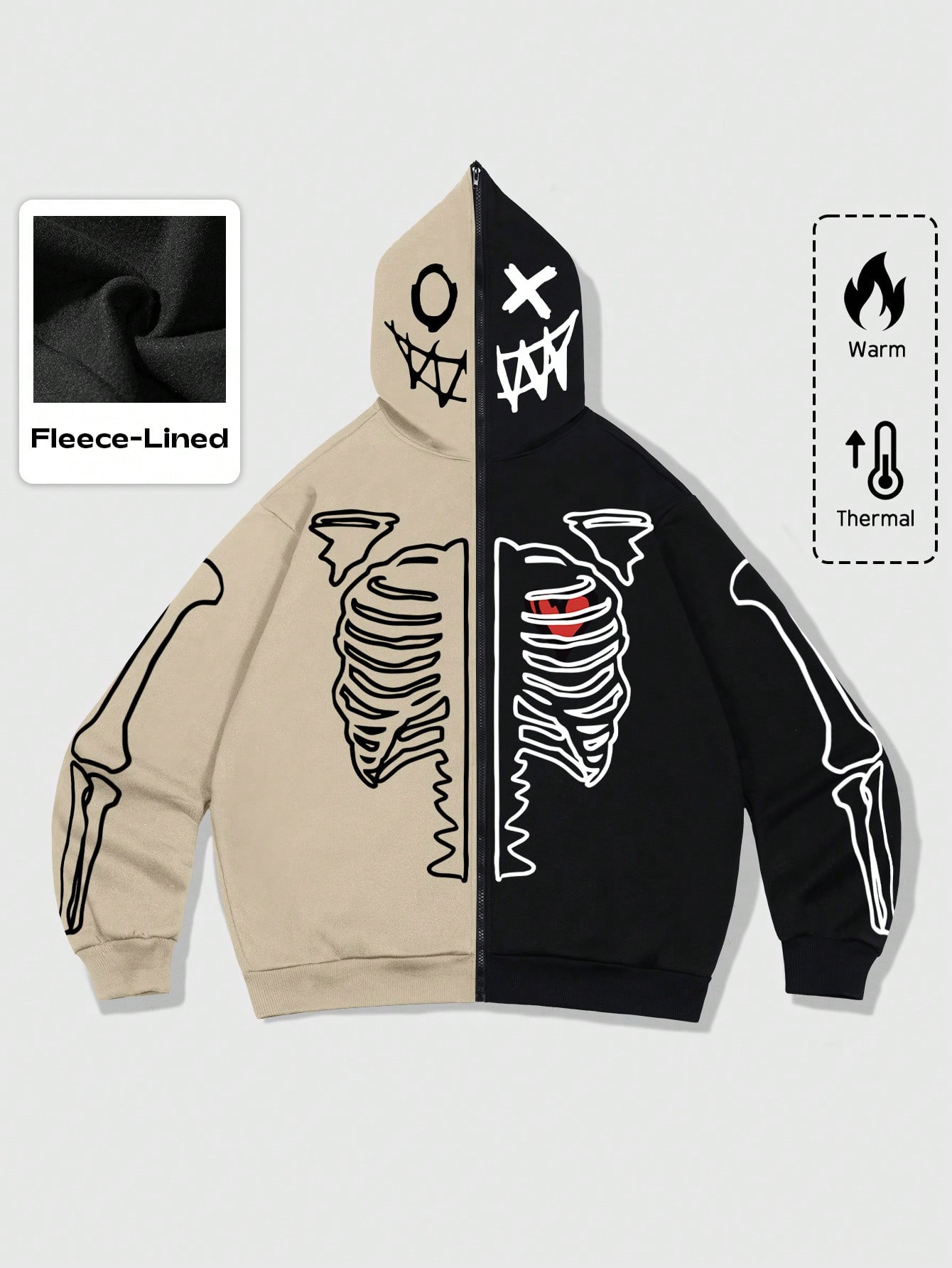Street Life Men Casual Street Trendy Cartoon & Skeleton Print Two Tone Zip Up Hoodie Sweatshirt, Warm Thermal Lined For Autumn/Winter