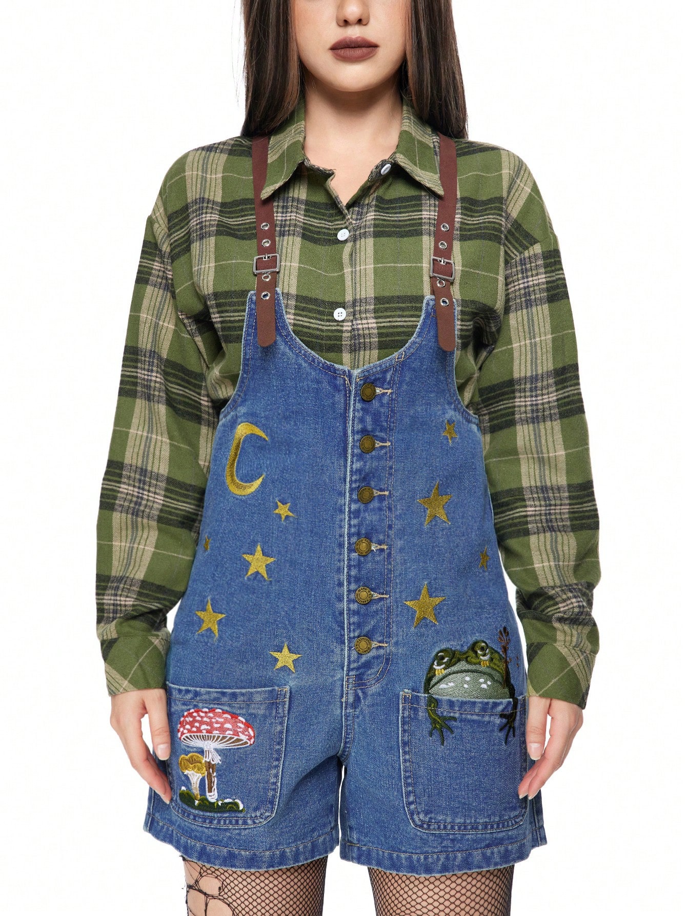 Fairycore Women's Cottagecore Mushroom, Frog, Star, Moon Embroidered Denim Overalls And Jumpsuit