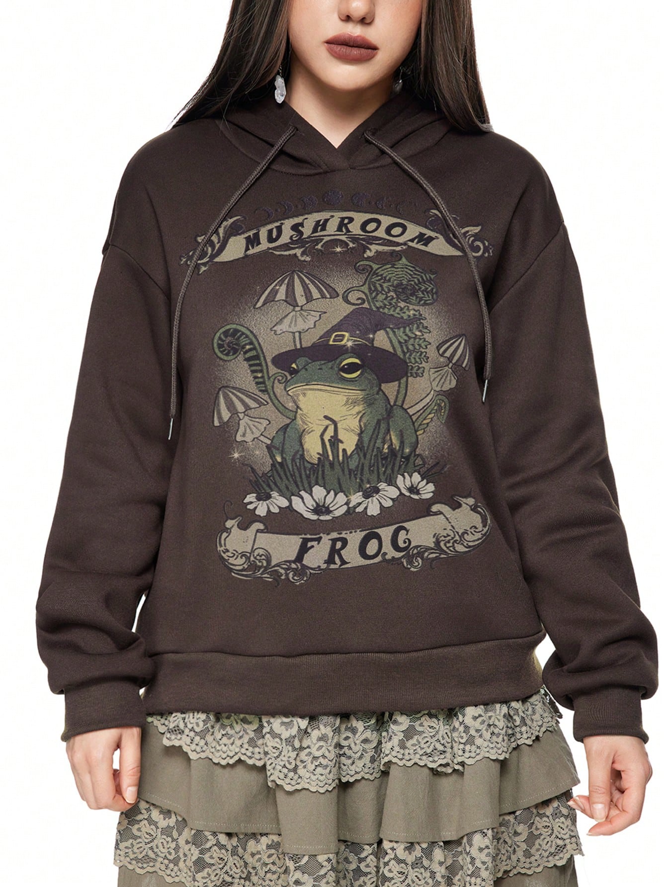 Fairycore Women Fairycore Frog Graphic Hooded Sweatshirt