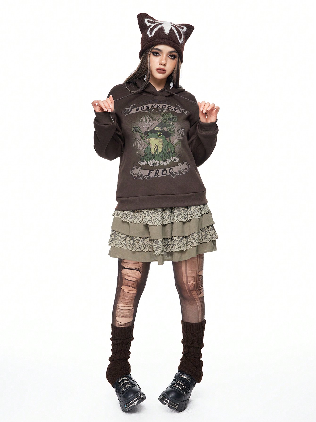 Fairycore Women Fairycore Frog Graphic Hooded Sweatshirt
