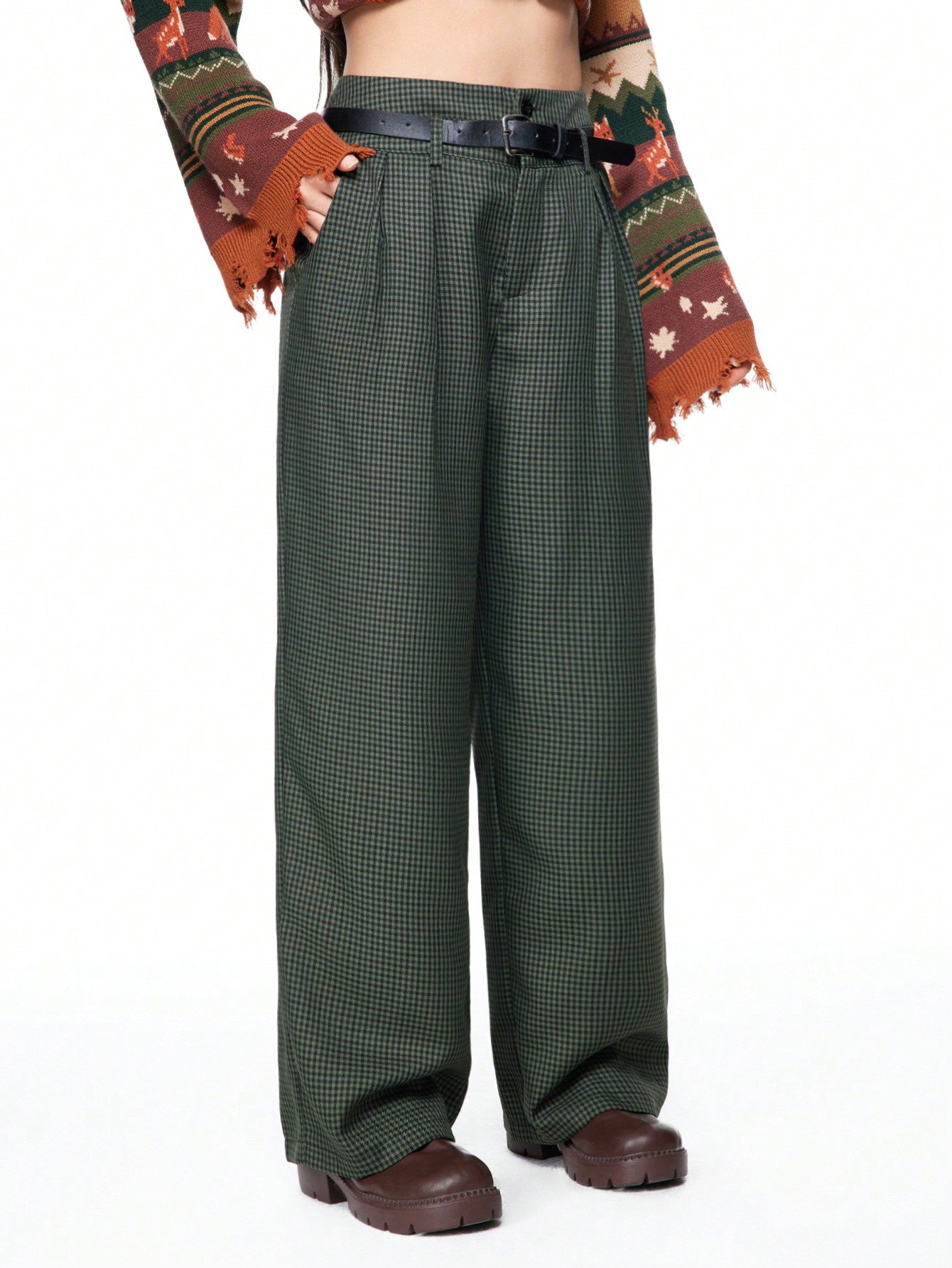 Fairycore Women's Fairycore Retro Plaid High Waist Double Layer Belted Pants
