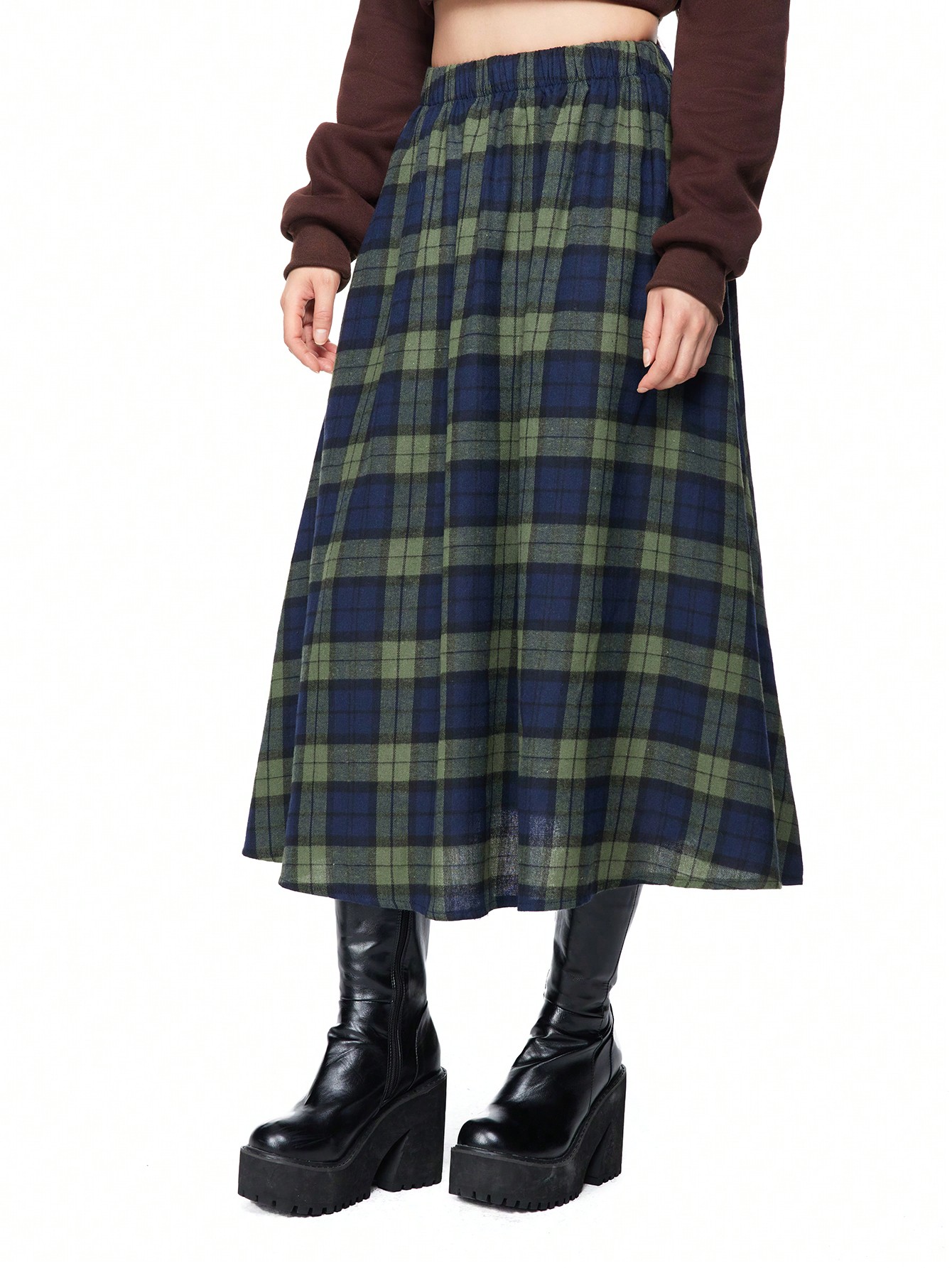 Fairycore Plaid Pattern Women Elastic Waist Midi Casual Skirt, Autumn