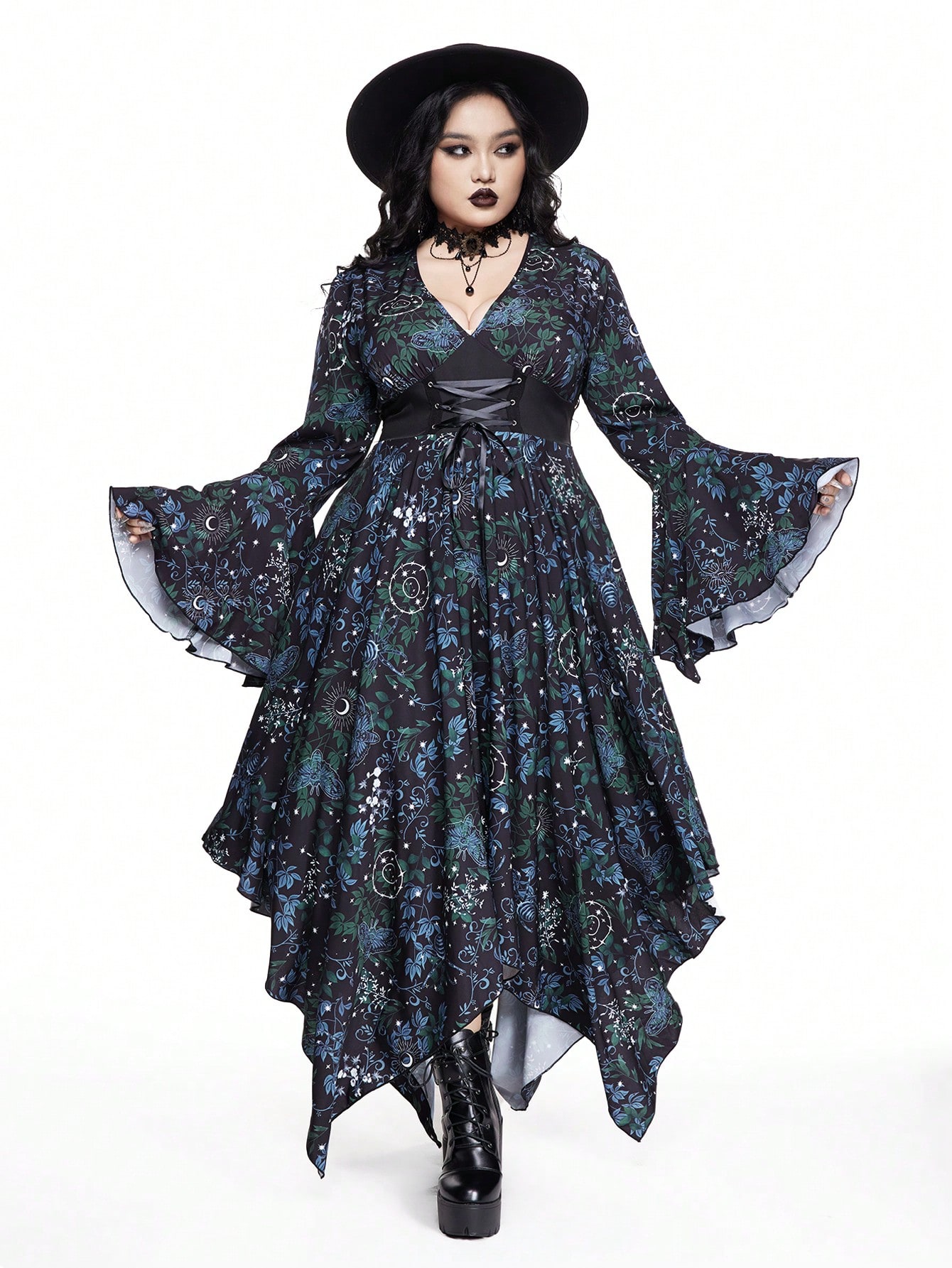 Goth Plus Size Sexy Gothic Deep V Flare Sleeve Asymmetrical Hem Floral Print Waist Cinched Dress