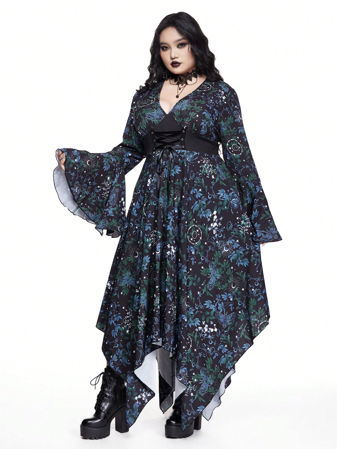 Goth Plus Size Sexy Gothic Deep V Flare Sleeve Asymmetrical Hem Floral Print Waist Cinched Dress