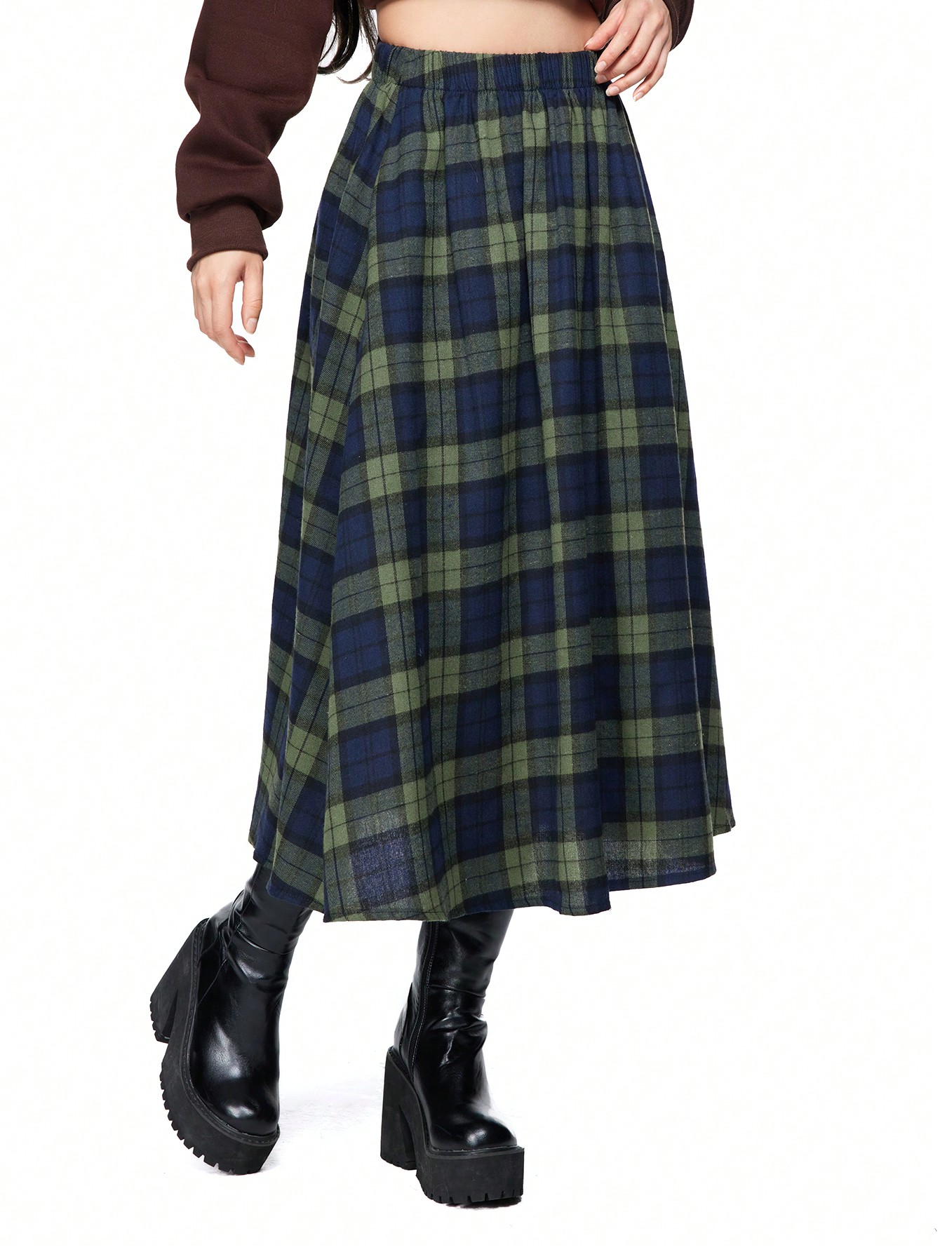Fairycore Plaid Pattern Women Elastic Waist Midi Casual Skirt, Autumn